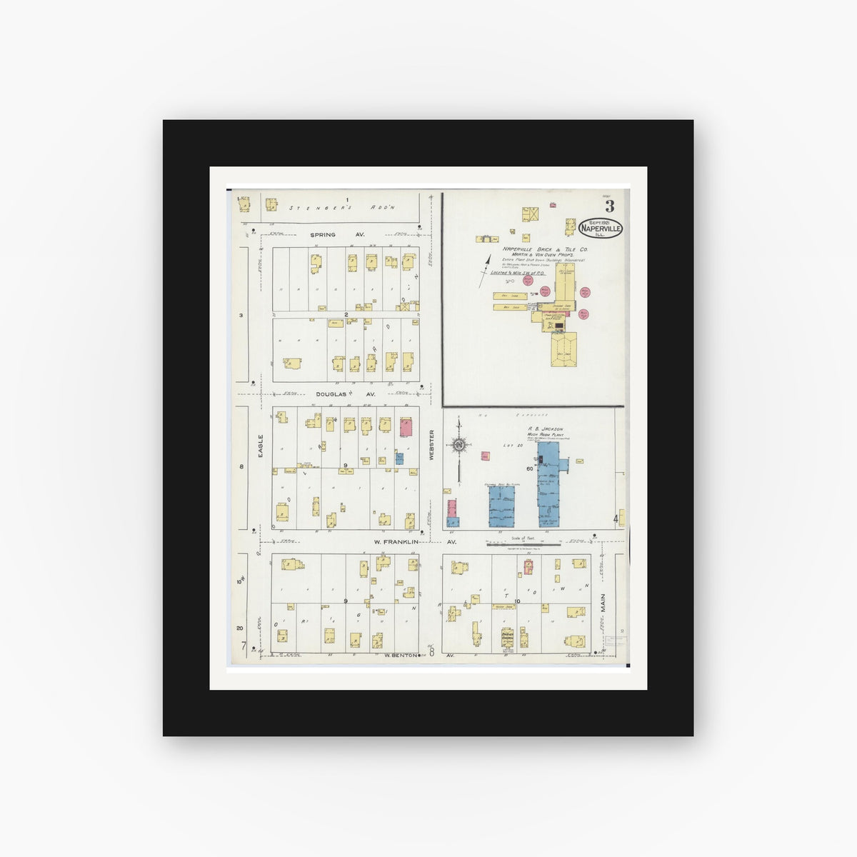 Old map wall art mockup — black gallery frame with white mat — Sanborn Fire Insurance Map from Naperville, Du Page County, Illinois (1921), Sheet #0003