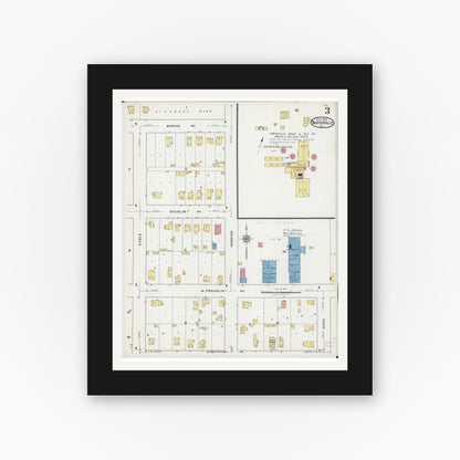 Old map wall art mockup — black gallery frame with white mat — Sanborn Fire Insurance Map from Naperville, Du Page County, Illinois (1921), Sheet #0003