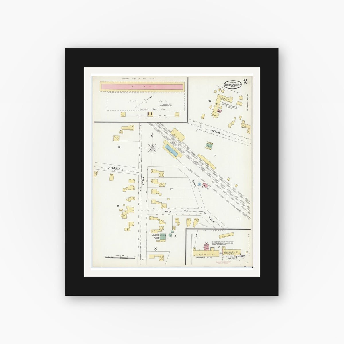 Old map wall art mockup — black gallery frame with white mat — Sanborn Fire Insurance Map from Bridgewater, Plymouth County, Massachusetts (1896), Sheet #0002