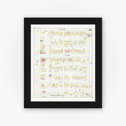 Old map wall art mockup — black gallery frame with white mat — Sanborn Fire Insurance Map from Findlay, Hancock County, Ohio (1901), Sheet #0025