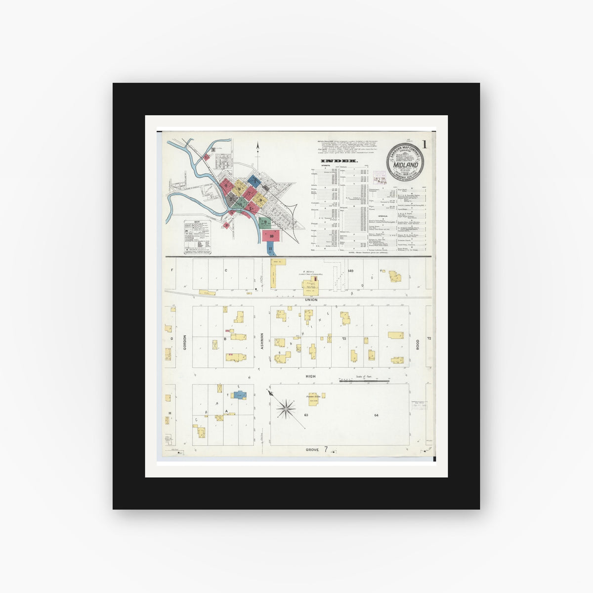 Old map wall art mockup — black gallery frame with white mat — Sanborn Fire Insurance Map from Midland, Midland County, Michigan (1909), Sheet #0001
