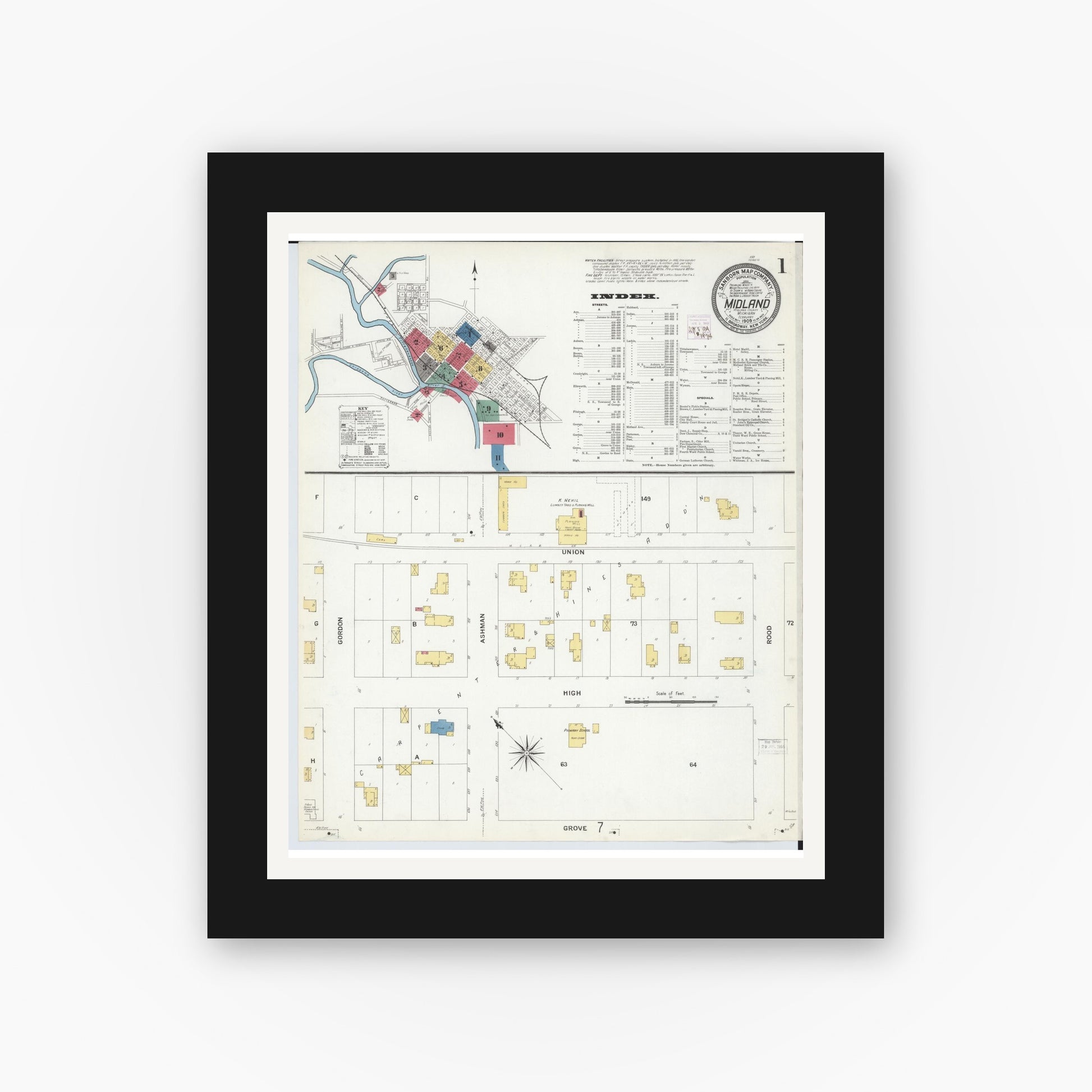 Old map wall art mockup — black gallery frame with white mat — Sanborn Fire Insurance Map from Midland, Midland County, Michigan (1909), Sheet #0001