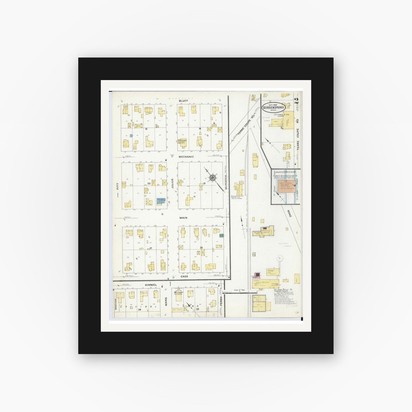 Old map wall art mockup — black gallery frame with white mat — Sanborn Fire Insurance Map from Berrien Springs, Berrien County, Michigan (1909), Sheet #0002