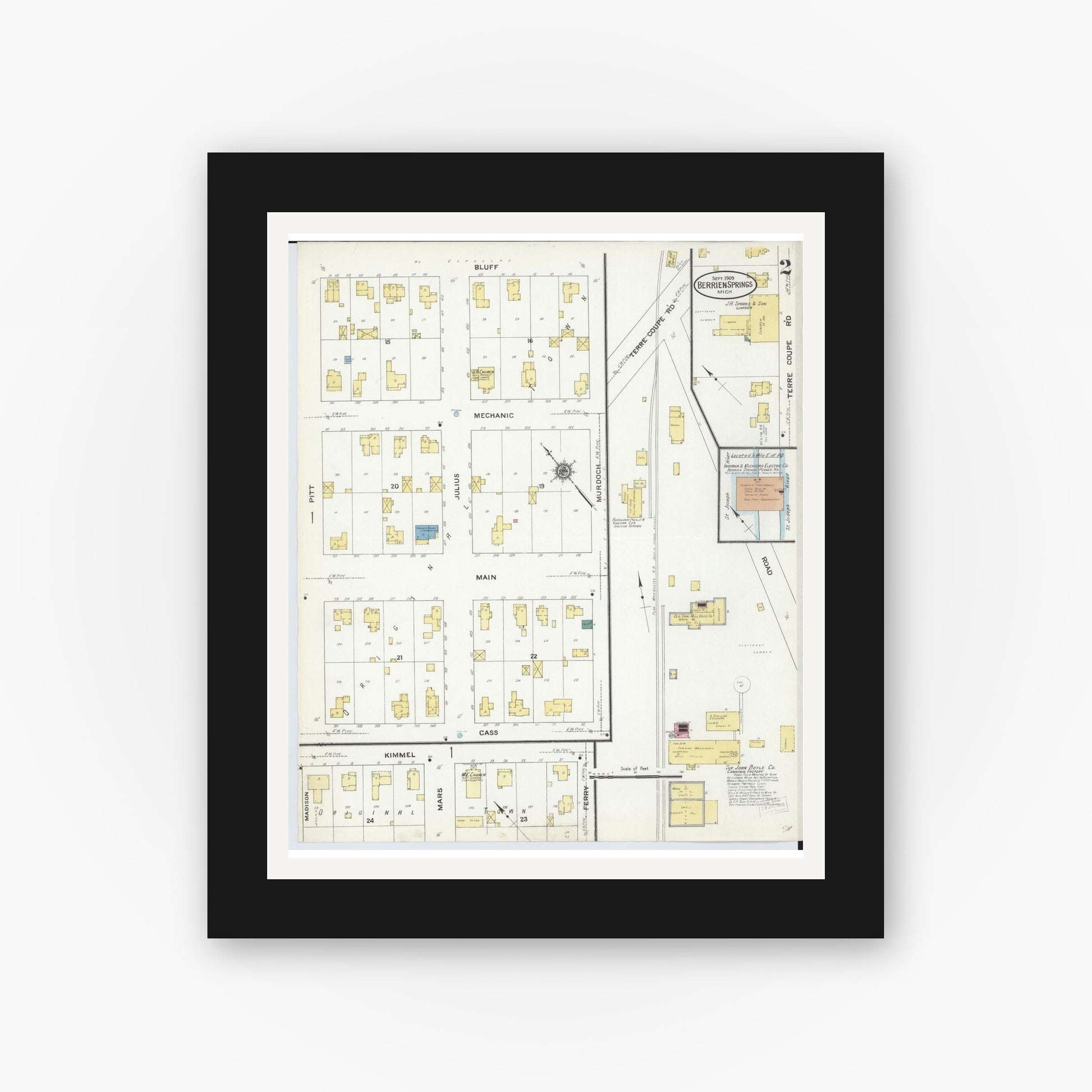 Old map wall art mockup — black gallery frame with white mat — Sanborn Fire Insurance Map from Berrien Springs, Berrien County, Michigan (1909), Sheet #0002