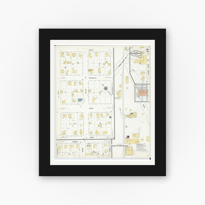 Old map wall art mockup — black gallery frame with white mat — Sanborn Fire Insurance Map from Berrien Springs, Berrien County, Michigan (1909), Sheet #0002