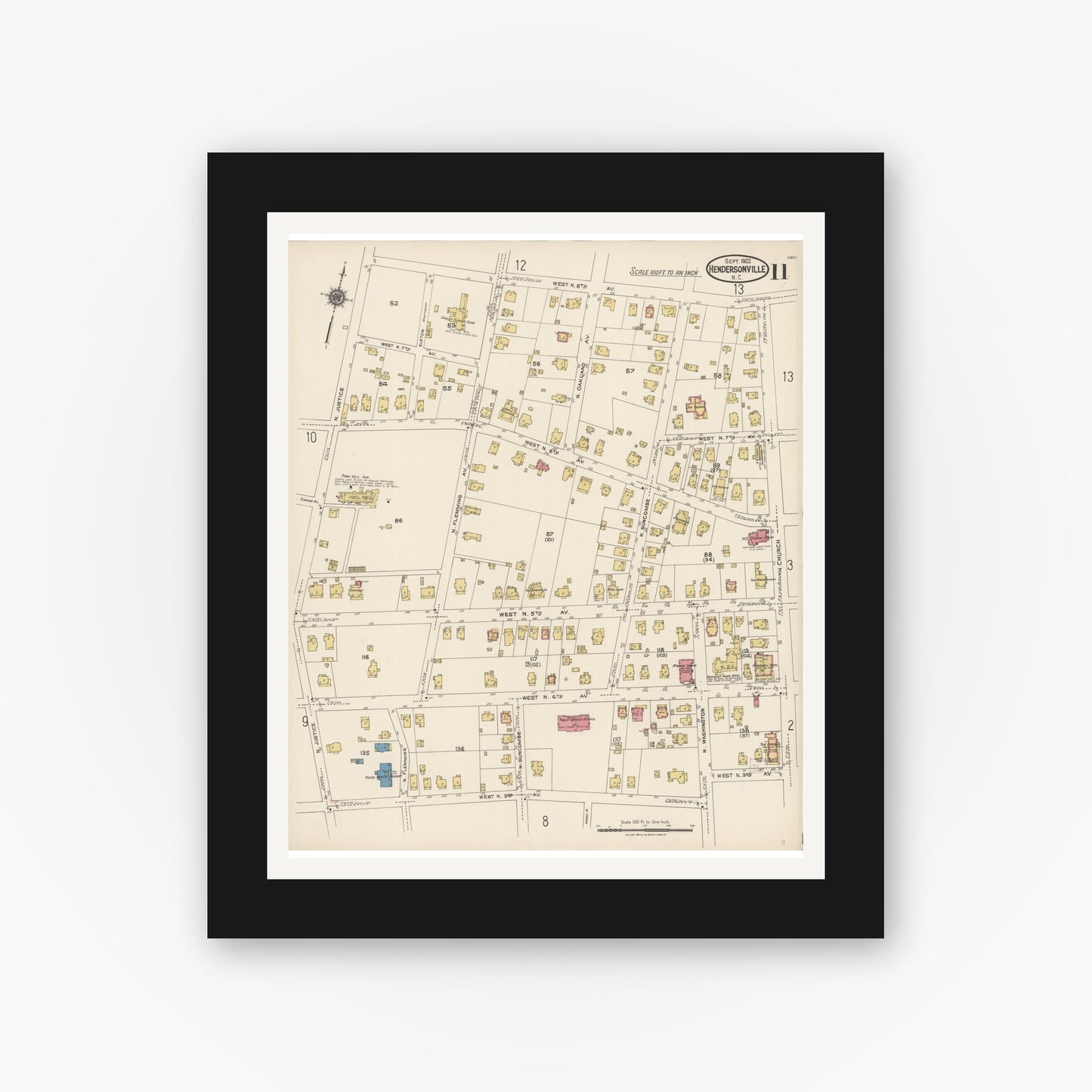 Old map wall art mockup — black gallery frame with white mat — Sanborn Fire Insurance Map from Hendersonville, Henderson County, North Carolina (1922), Sheet #0011