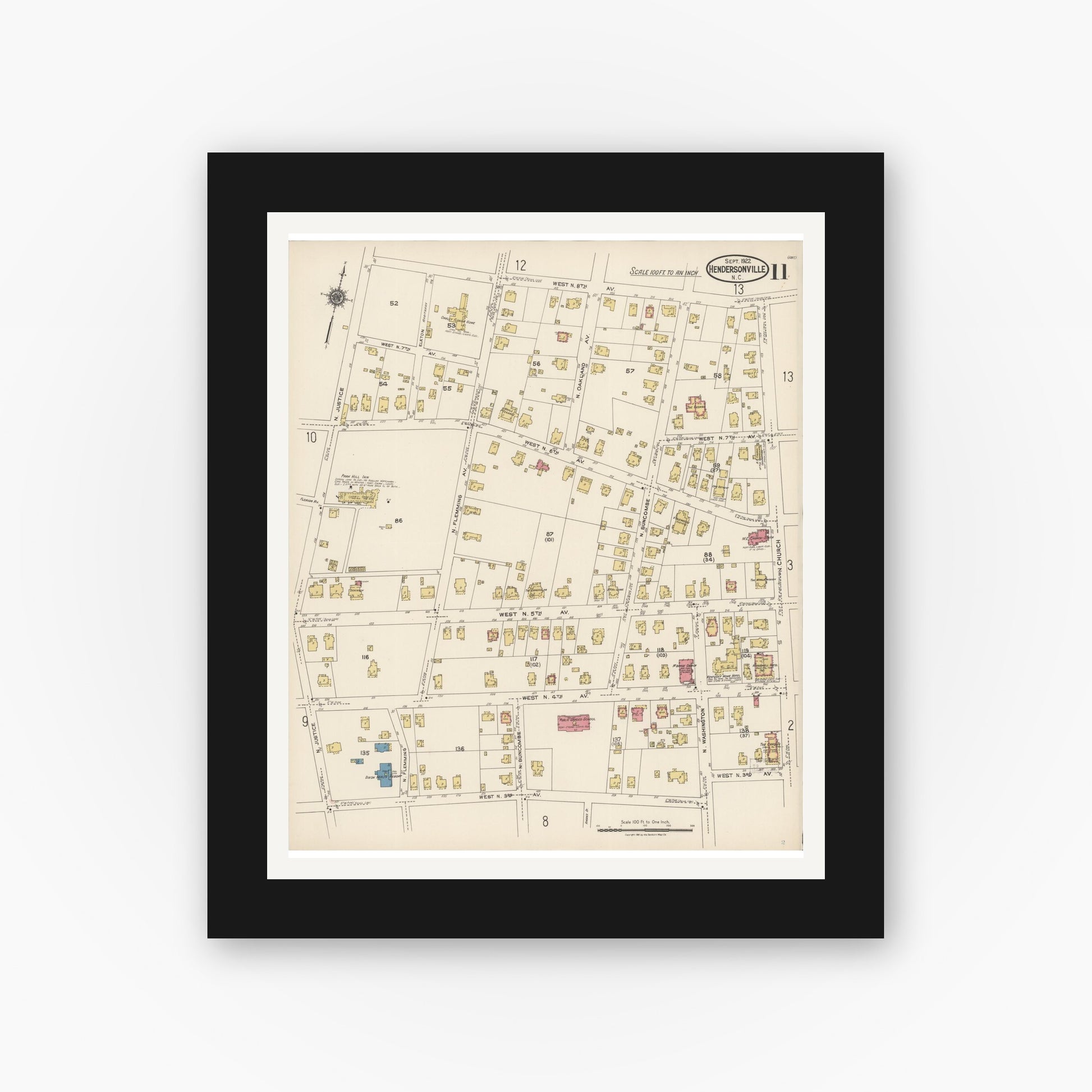 Old map wall art mockup — black gallery frame with white mat — Sanborn Fire Insurance Map from Hendersonville, Henderson County, North Carolina (1922), Sheet #0011