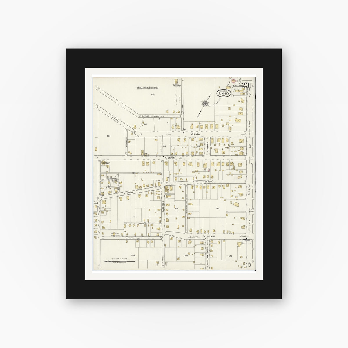 Old map wall art mockup — black gallery frame with white mat — Sanborn Fire Insurance Map from Ennis, Ellis County, Texas (1920), Sheet #0023