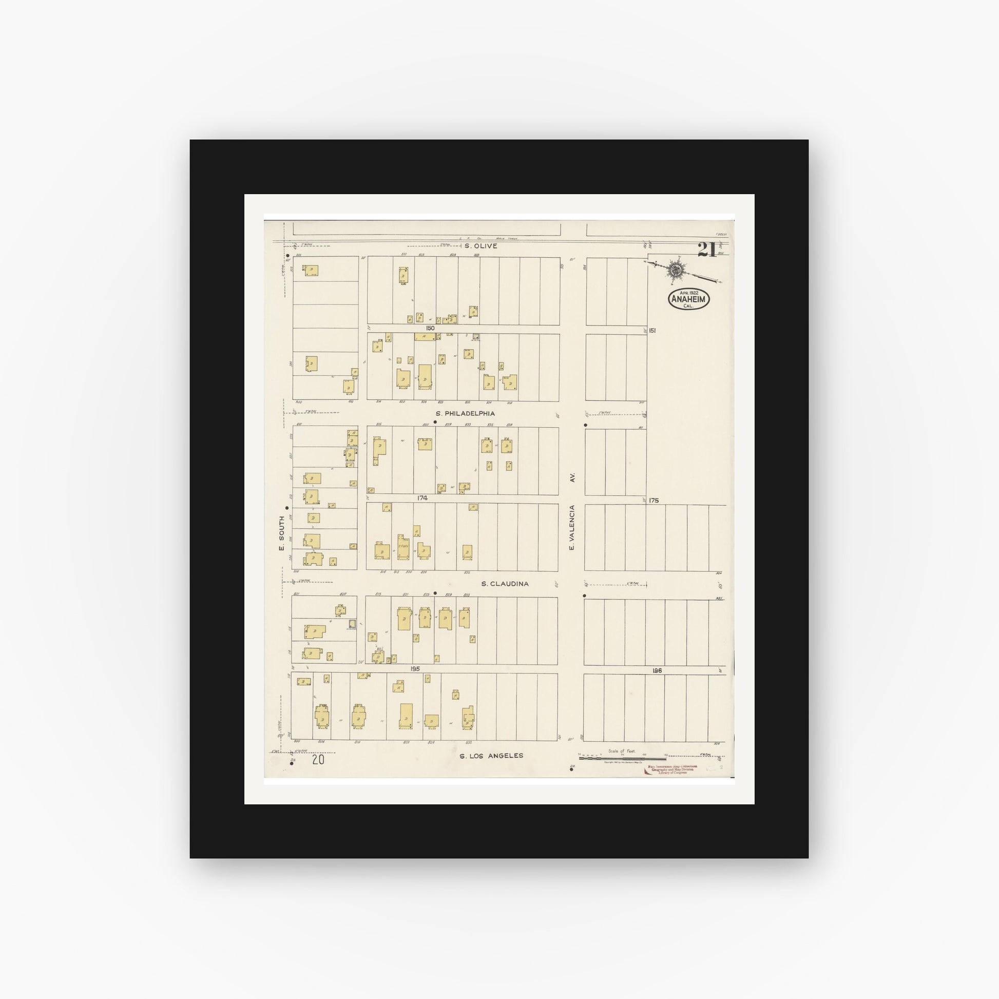 Old map wall art mockup — black gallery frame with white mat — Sanborn Fire Insurance Map from Anaheim, Orange County, California (1922), Sheet #0021