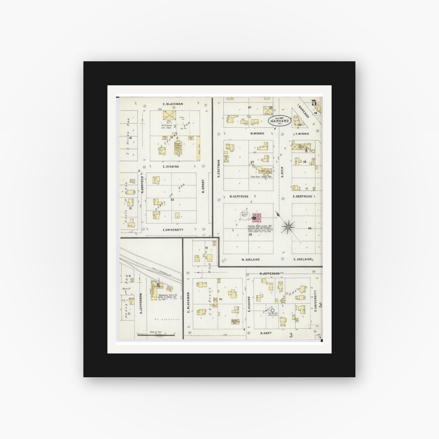 Old map wall art mockup — black gallery frame with white mat — Sanborn Fire Insurance Map from Harvard, McHenry County, Illinois (1897), Sheet #0005