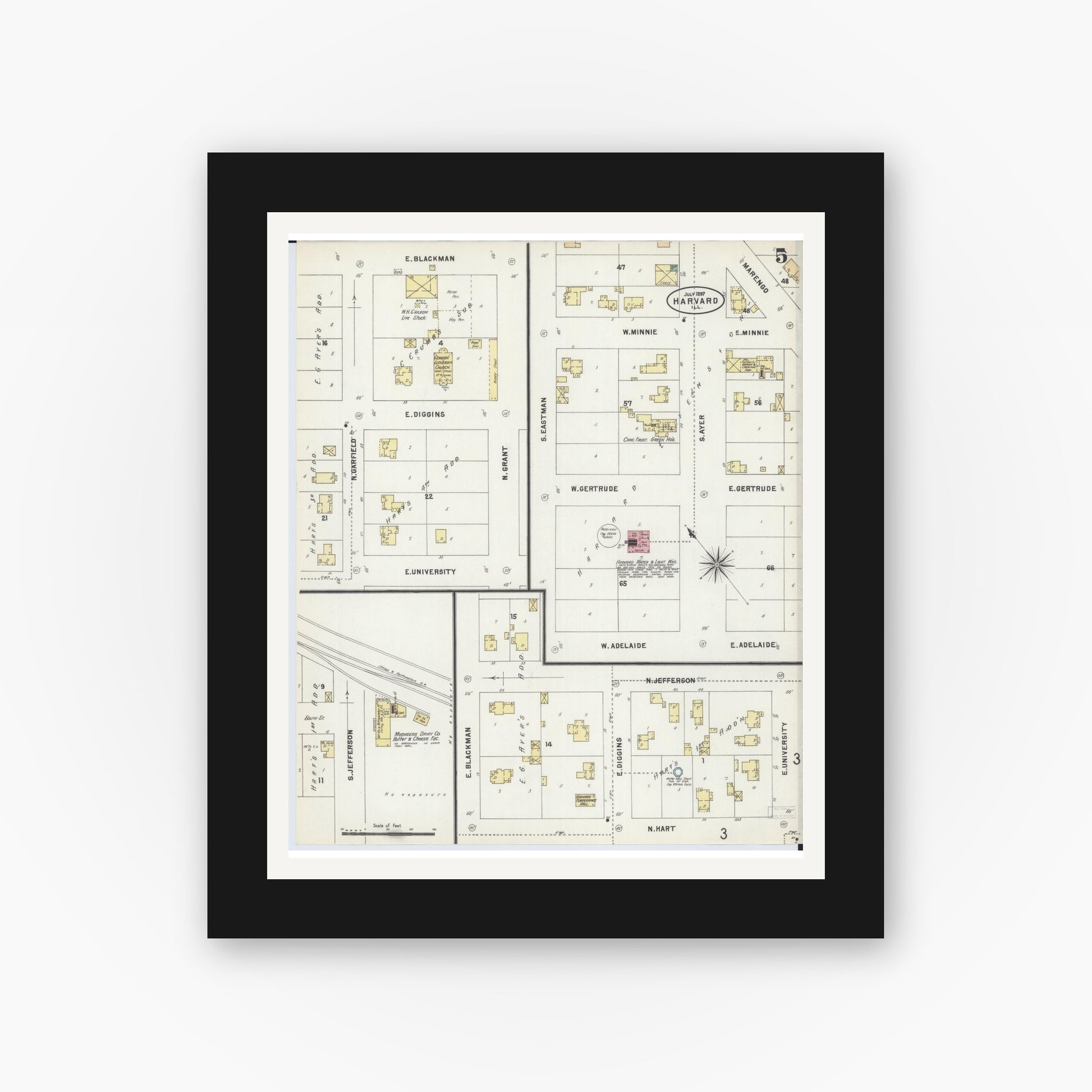 Old map wall art mockup — black gallery frame with white mat — Sanborn Fire Insurance Map from Harvard, McHenry County, Illinois (1897), Sheet #0005
