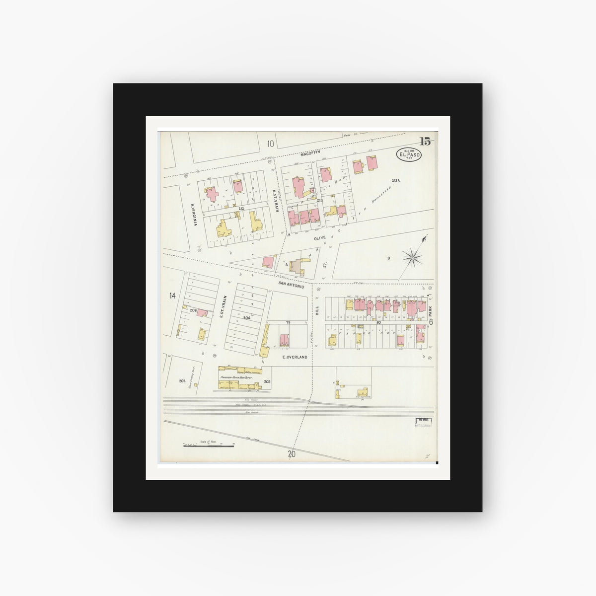 Old map wall art mockup — black gallery frame with white mat — Sanborn Fire Insurance Map from El Paso, El Paso County, Texas (1898), Sheet #0015