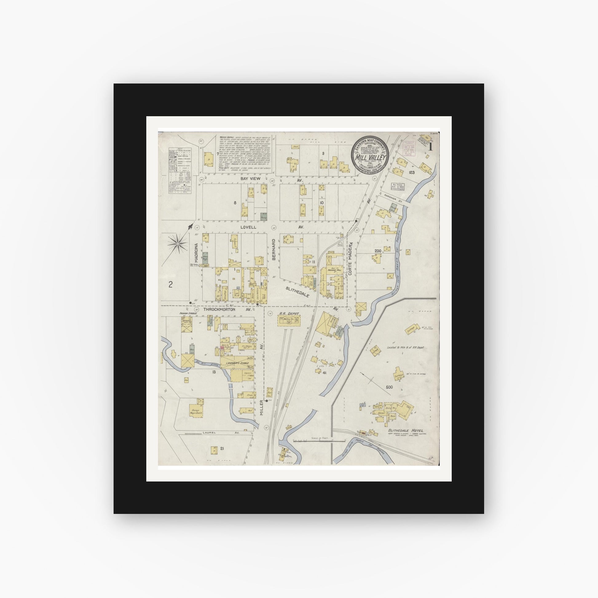 Old map wall art mockup — black gallery frame with white mat — Sanborn Fire Insurance Map from Mill Valley, Marin County, California (1903) - Complete Map Set