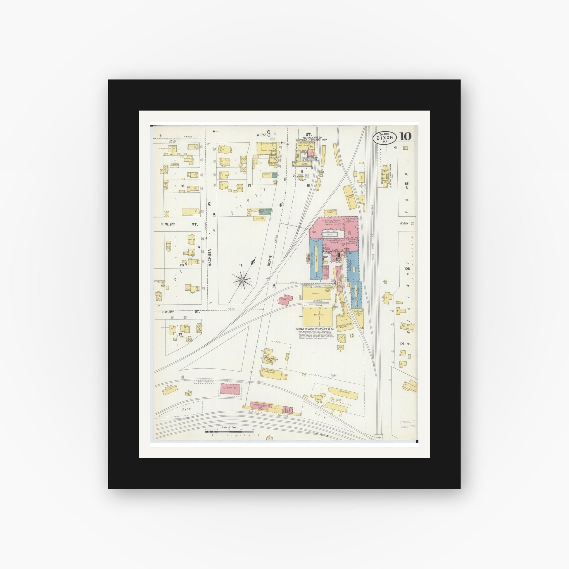 Old map wall art mockup — black gallery frame with white mat — Sanborn Fire Insurance Map from Dixon, Lee County, Illinois (1902), Sheet #0010