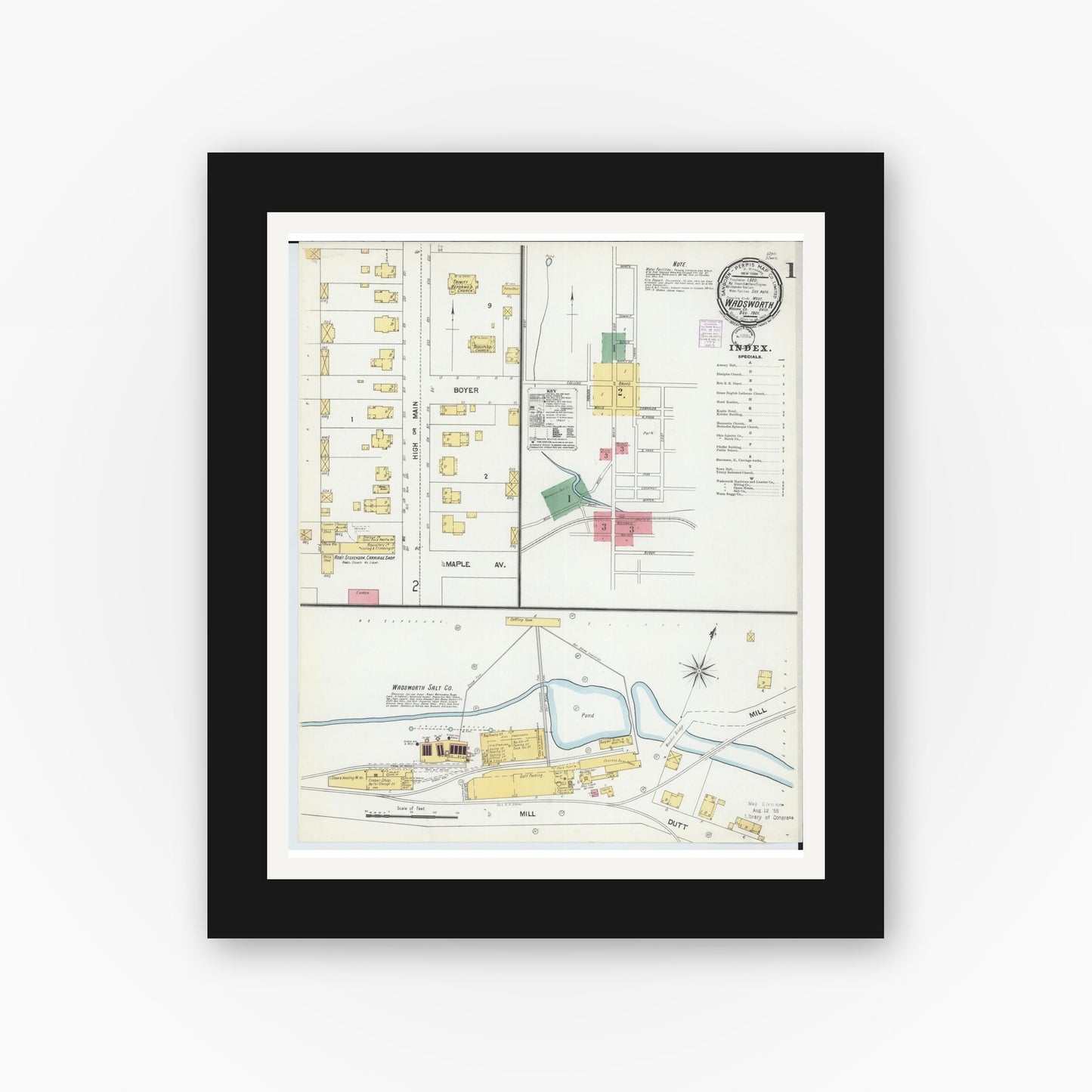Old map wall art mockup — black gallery frame with white mat — Sanborn Fire Insurance Map from Wadsworth, Medina County, Ohio (1901), Sheet #0001