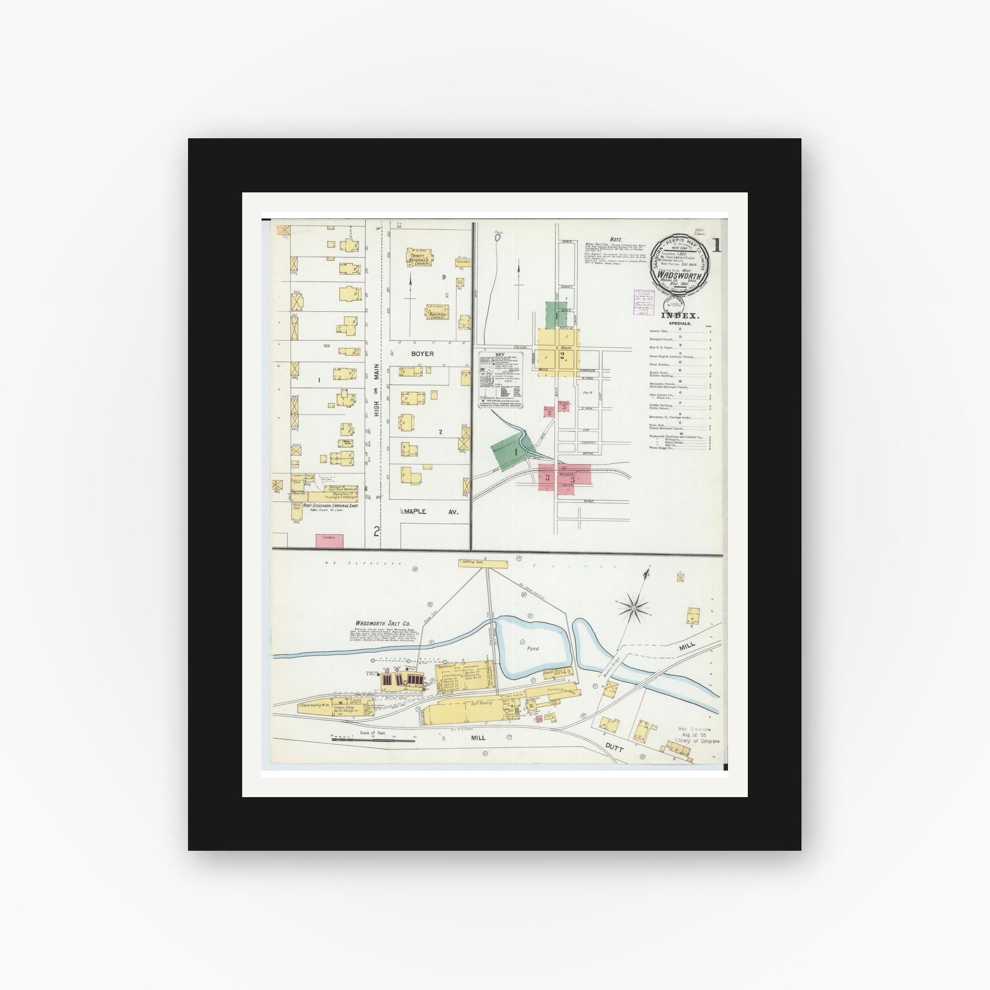 Old map wall art mockup — black gallery frame with white mat — Sanborn Fire Insurance Map from Wadsworth, Medina County, Ohio (1901), Sheet #0001