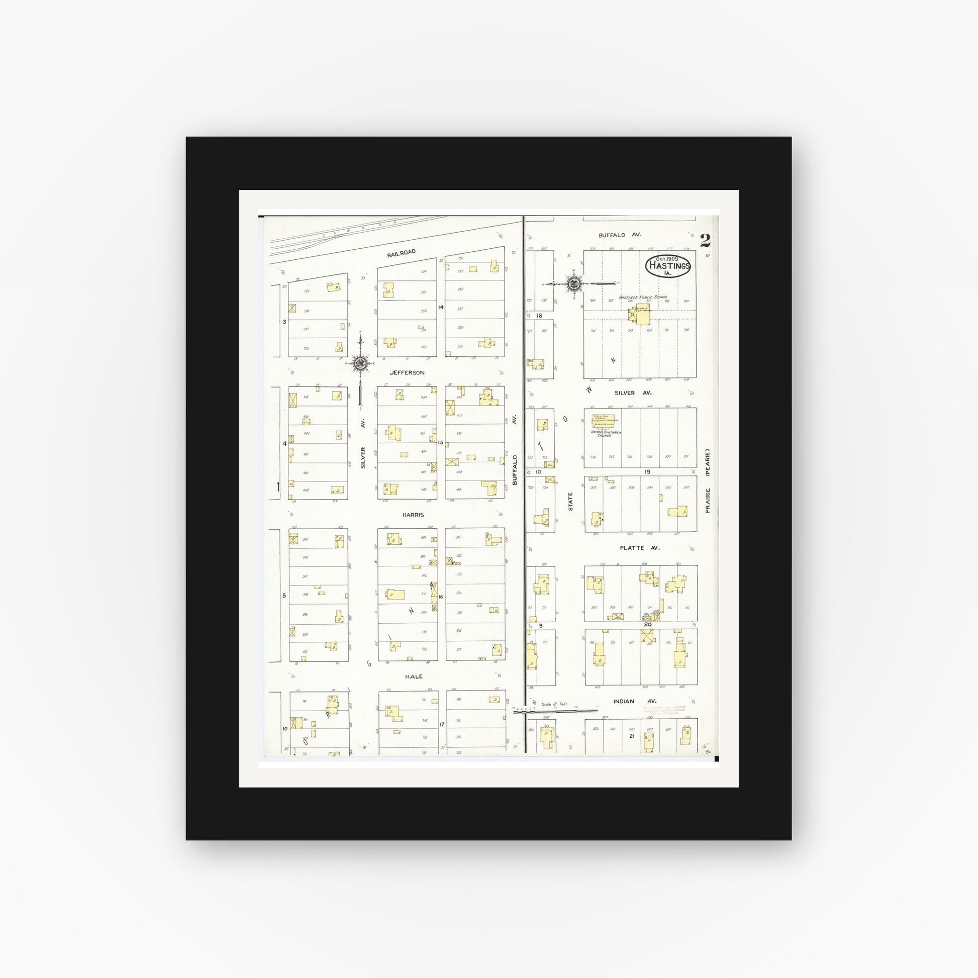 Old map wall art mockup — black gallery frame with white mat — Sanborn Fire Insurance Map from Hastings, Mills County, Iowa (1909), Sheet #0002