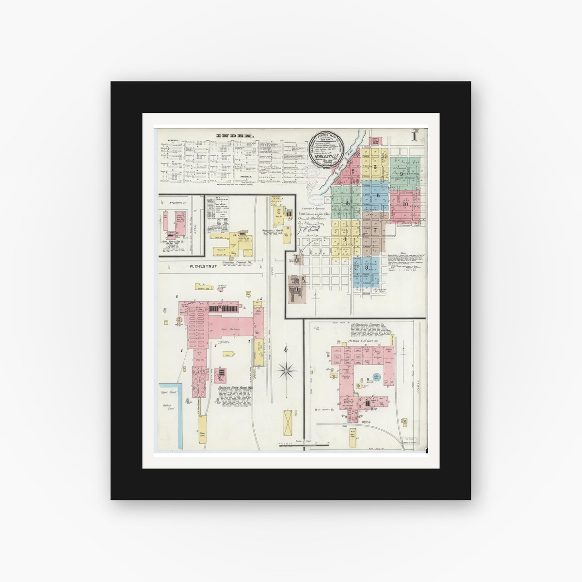 Old map wall art mockup — black gallery frame with white mat — Sanborn Fire Insurance Map from Noblesville, Hamilton County, Indiana (1898) - Complete Map Set