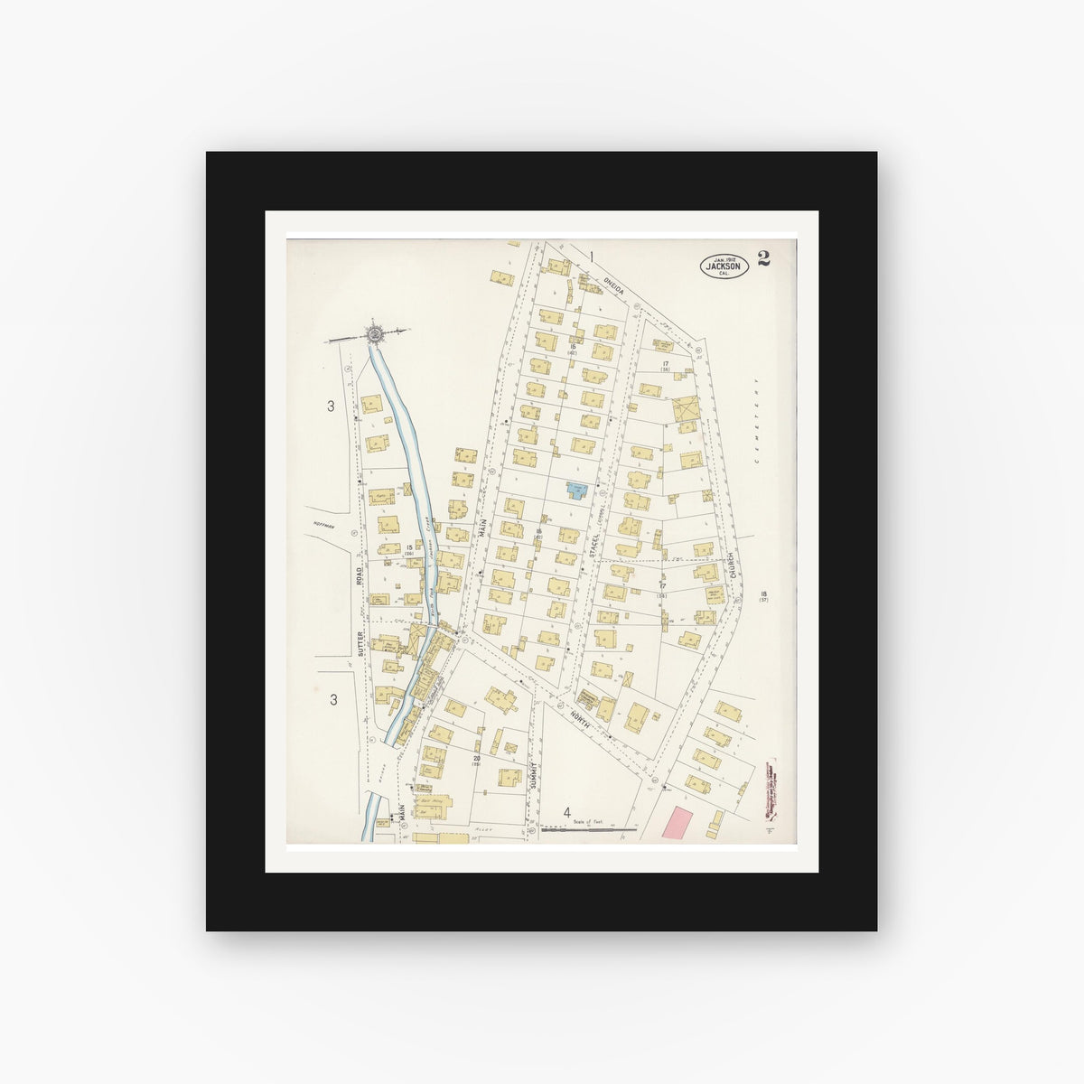 Old map wall art mockup — black gallery frame with white mat — Sanborn Fire Insurance Map from Jackson, Amador County, California (1912), Sheet #0002
