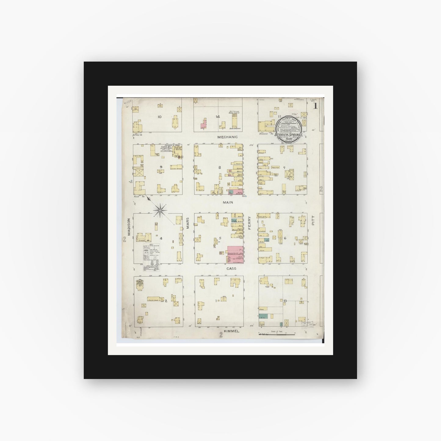 Old map wall art mockup — black gallery frame with white mat — Sanborn Fire Insurance Map from Berrien Springs, Berrien County, Michigan (1893), Sheet #0001