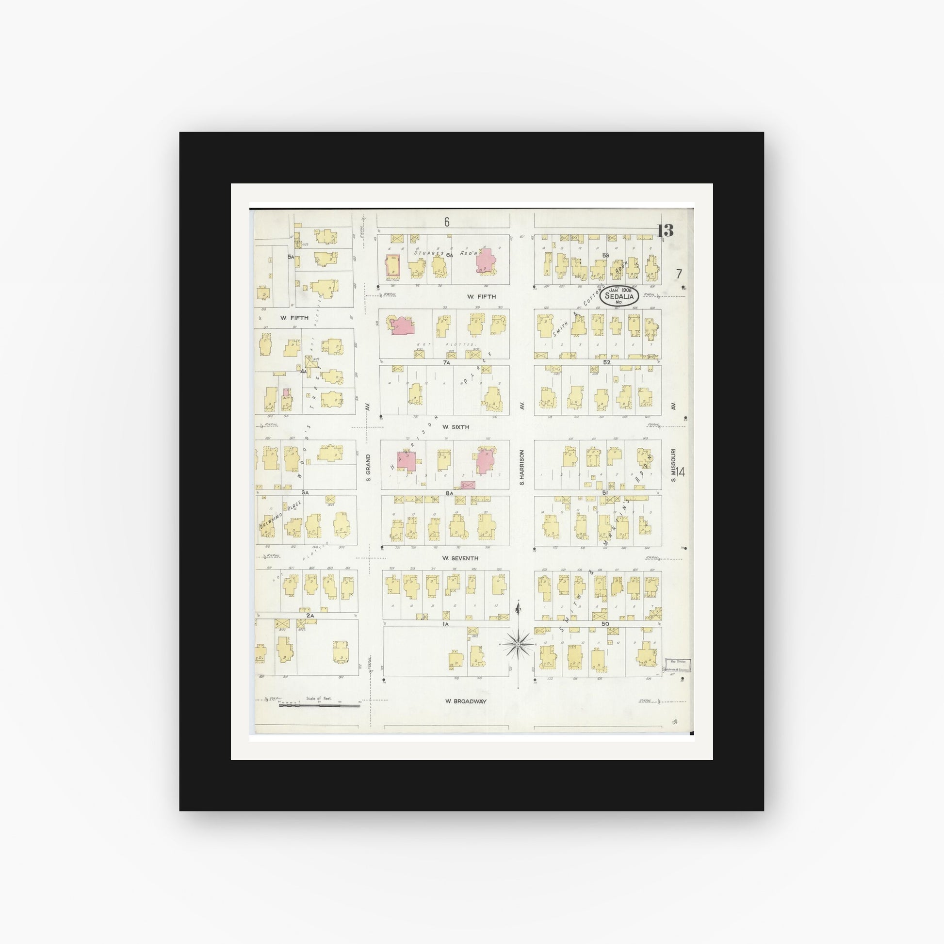 Old map wall art mockup — black gallery frame with white mat — Sanborn Fire Insurance Map from Sedalia, Pettis County, Missouri (1908), Sheet #0013