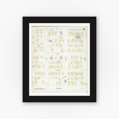 Old map wall art mockup — black gallery frame with white mat — Sanborn Fire Insurance Map from Sedalia, Pettis County, Missouri (1908), Sheet #0013