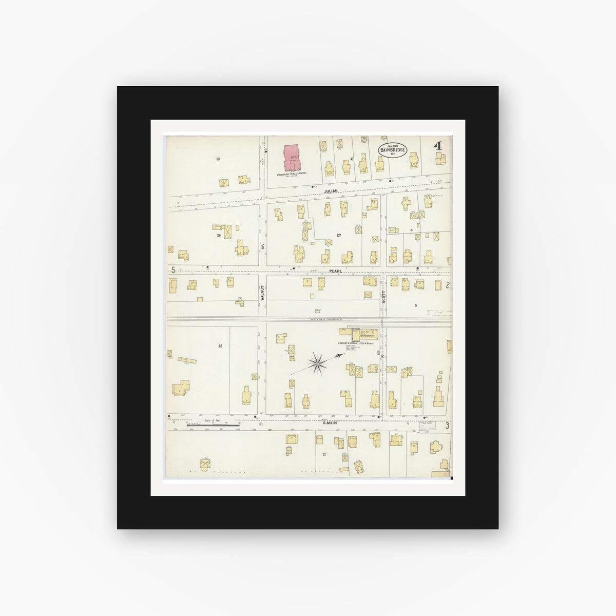 Old map wall art mockup — black gallery frame with white mat — Sanborn Fire Insurance Map from Bainbridge, Chenango County, New York (1903), Sheet #0004