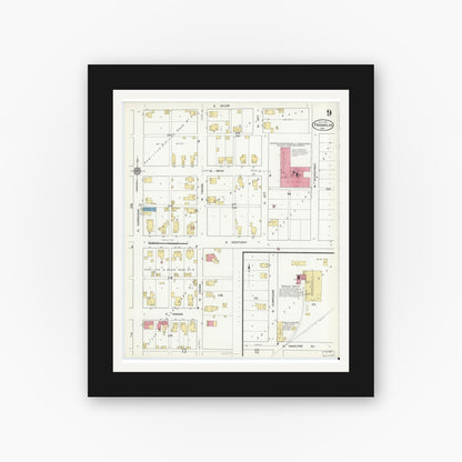 Old map wall art mockup — black gallery frame with white mat — Sanborn Fire Insurance Map from Franklin, Johnson County, Indiana (1916), Sheet #0009