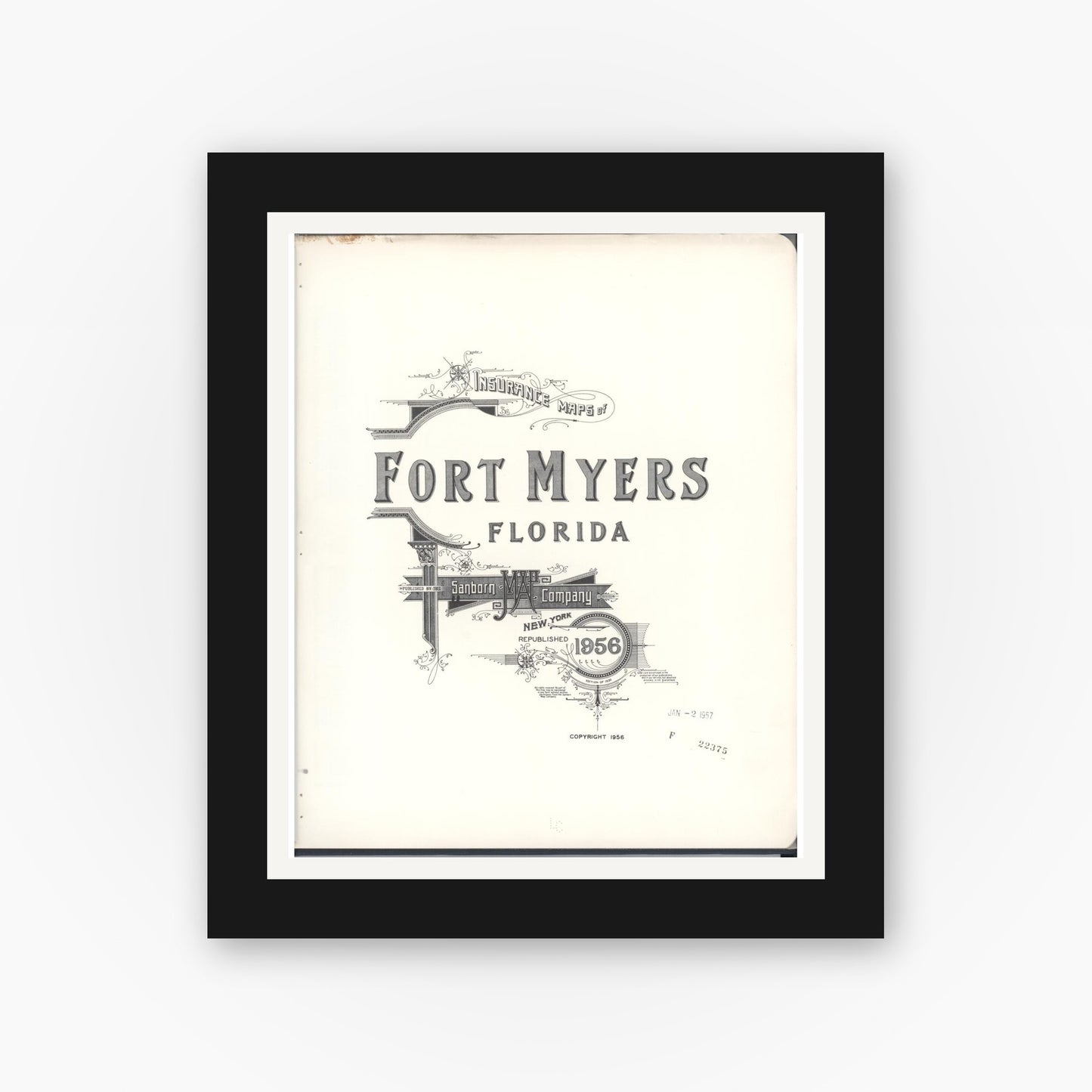Old map wall art mockup — black gallery frame with white mat — Sanborn Fire Insurance Map from Fort Myers, Lee County, Florida (1956), Sheet #0001