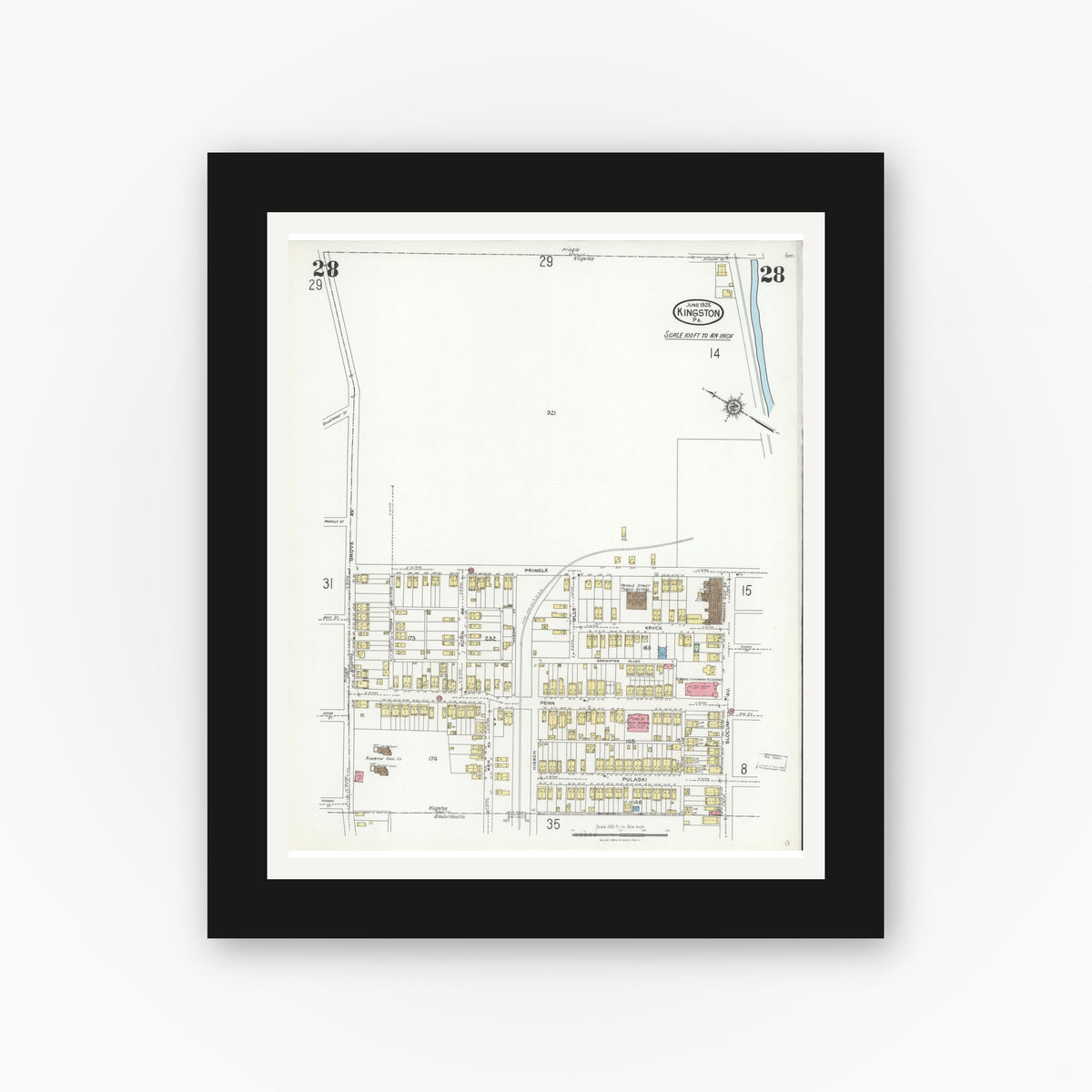 Old map wall art mockup — black gallery frame with white mat — Sanborn Fire Insurance Map from Kingston, Luzerne County, Pennsylvania (1925), Sheet #0028