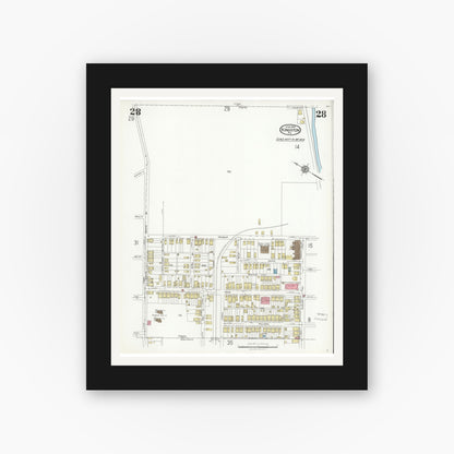 Old map wall art mockup — black gallery frame with white mat — Sanborn Fire Insurance Map from Kingston, Luzerne County, Pennsylvania (1925), Sheet #0028