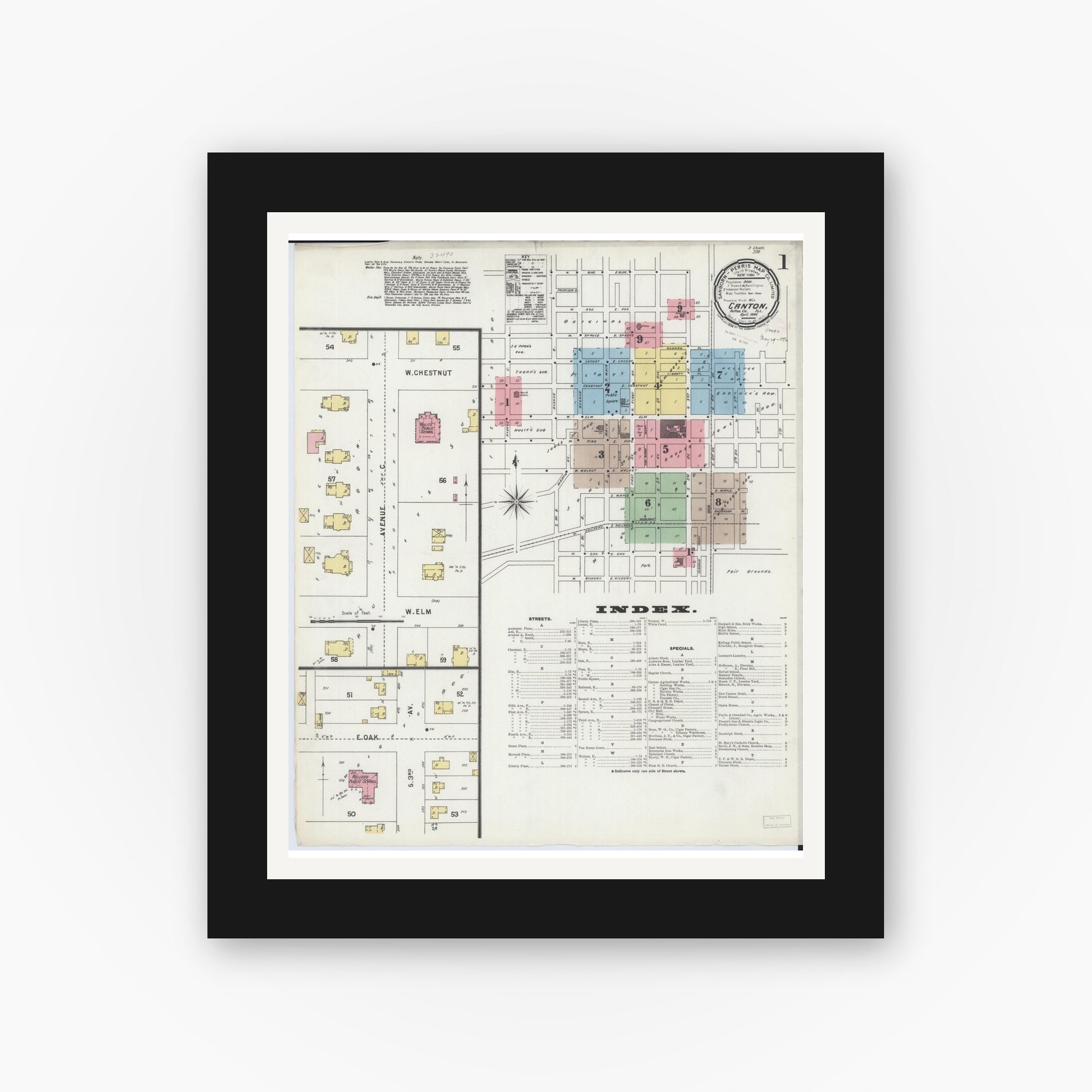Old map wall art mockup — black gallery frame with white mat — Sanborn Fire Insurance Map from Canton, Fulton County, Illinois (1896) - Complete Map Set