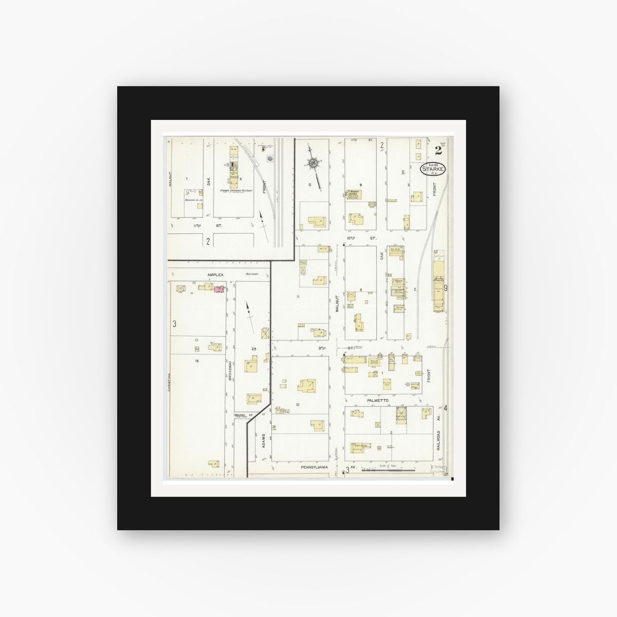 Old map wall art mockup — black gallery frame with white mat — Sanborn Fire Insurance Map from Starke, Bradford County, Florida (1912), Sheet #0002