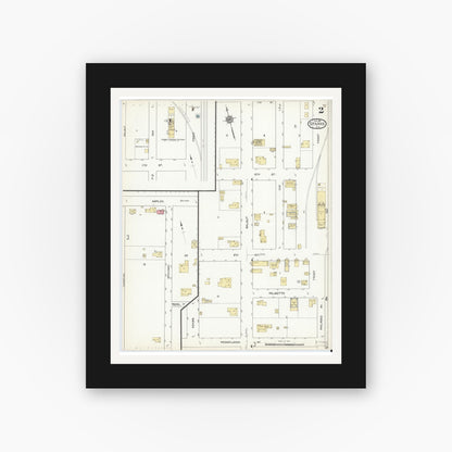 Old map wall art mockup — black gallery frame with white mat — Sanborn Fire Insurance Map from Starke, Bradford County, Florida (1912), Sheet #0002