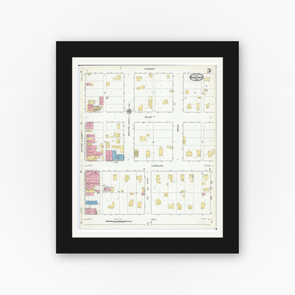 Old map wall art mockup — black gallery frame with white mat — Sanborn Fire Insurance Map from Winnebago, Faribault County, Minnesota (1917), Sheet #0003