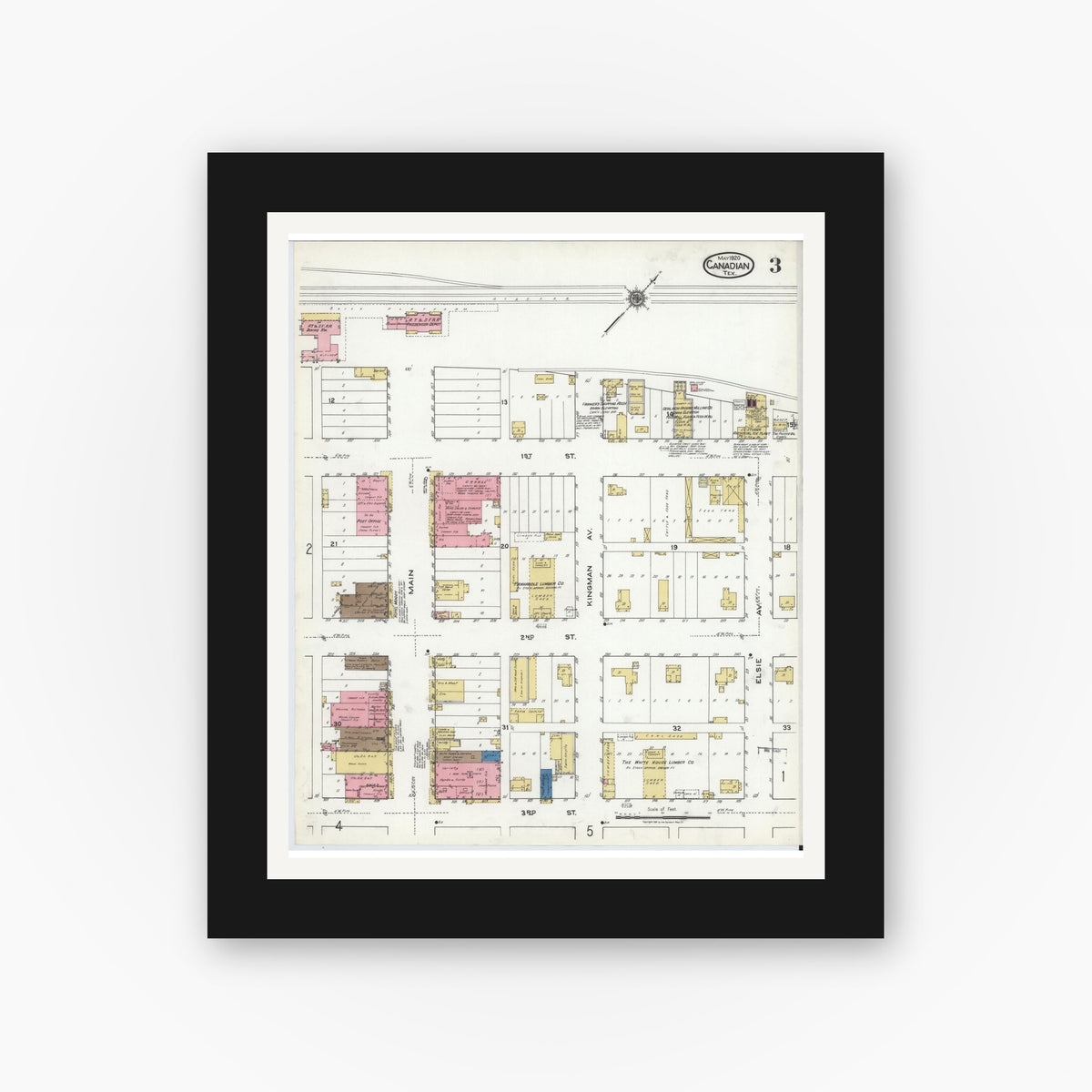 Old map wall art mockup — black gallery frame with white mat — Sanborn Fire Insurance Map from Canadian, Hemphill County, Texas (1920), Sheet #0003