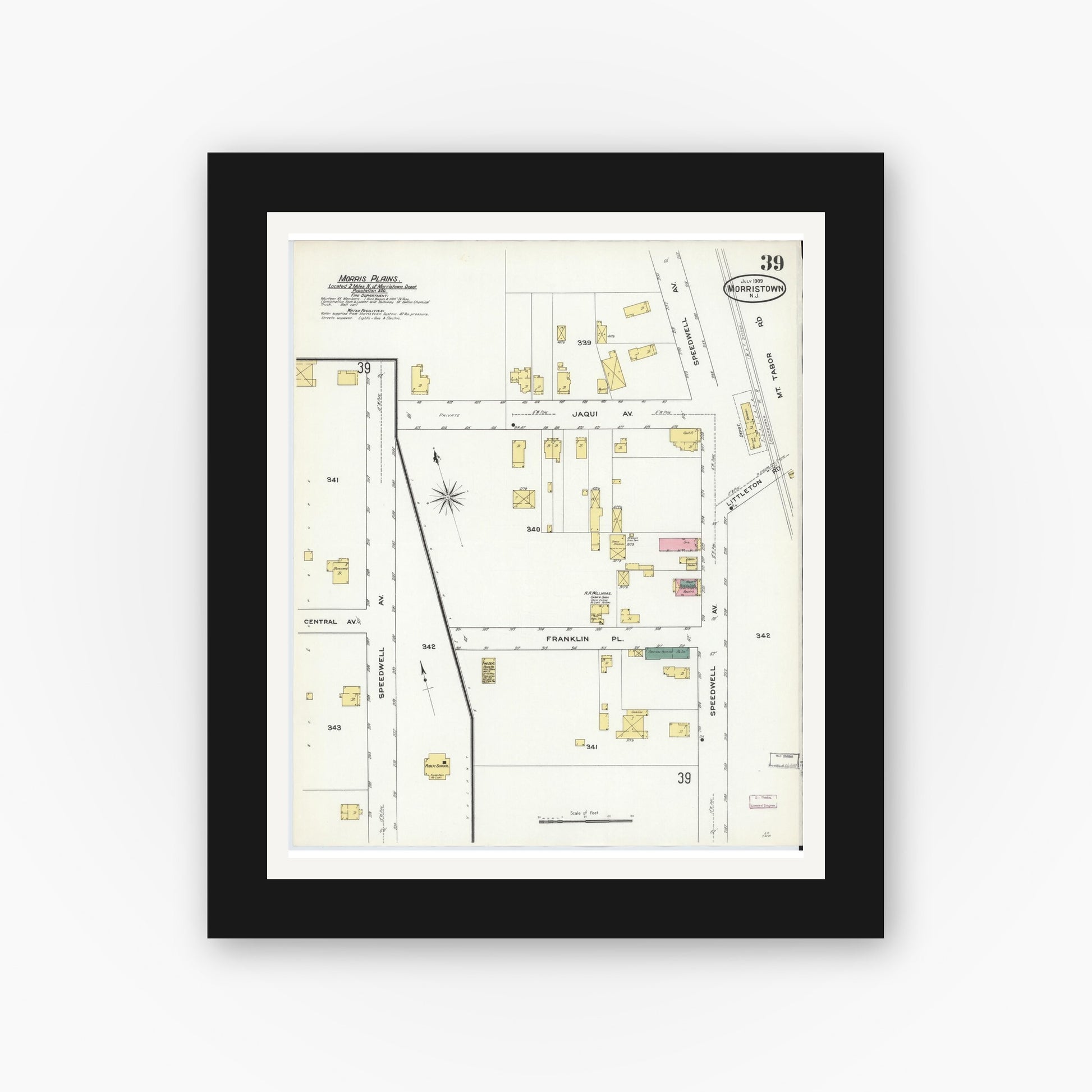 Old map wall art mockup — black gallery frame with white mat — Sanborn Fire Insurance Map from Morristown, Morris County, New Jersey (1909), Sheet #0039