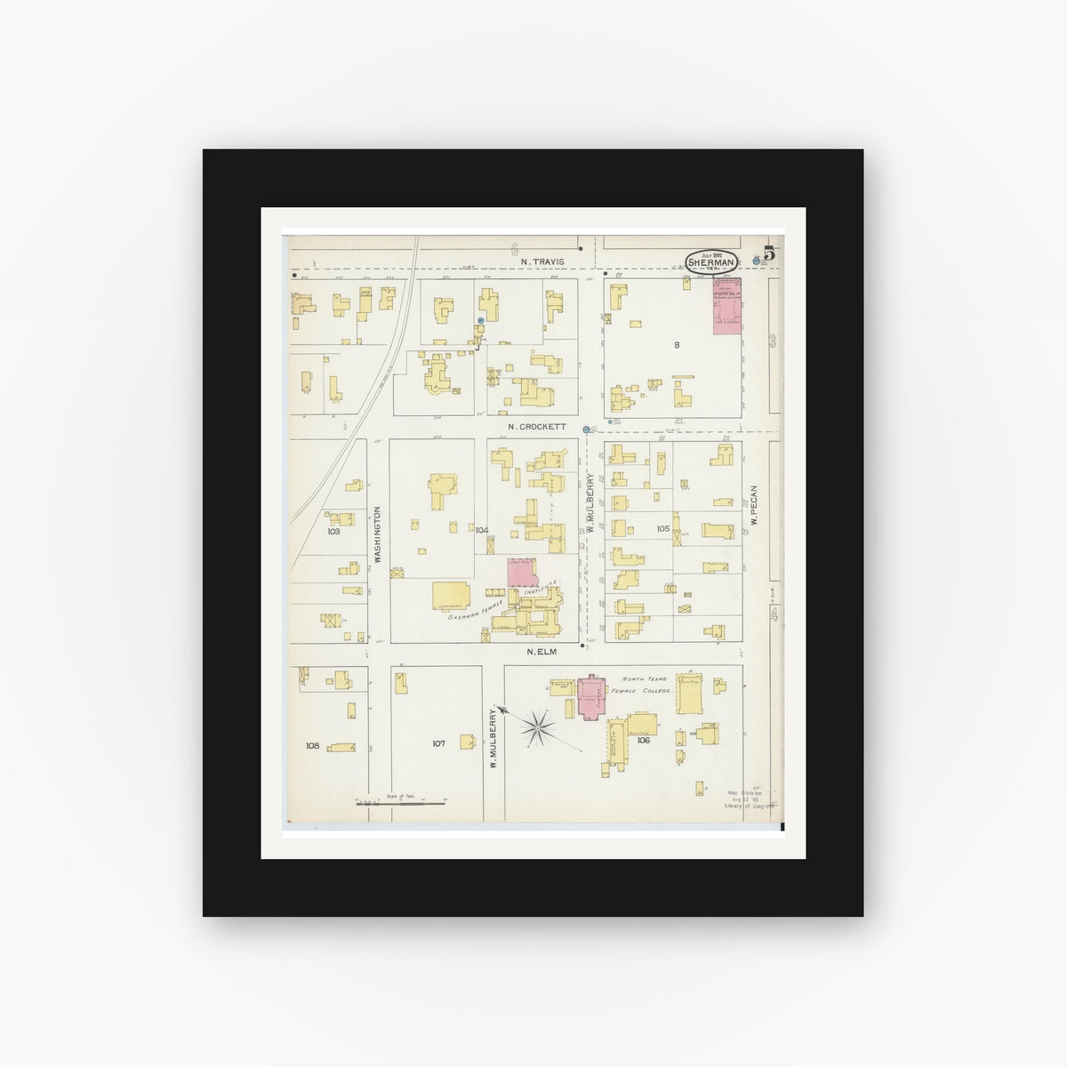 Old map wall art mockup — black gallery frame with white mat — Sanborn Fire Insurance Map from Sherman, Grayson County, Texas (1892), Sheet #0005
