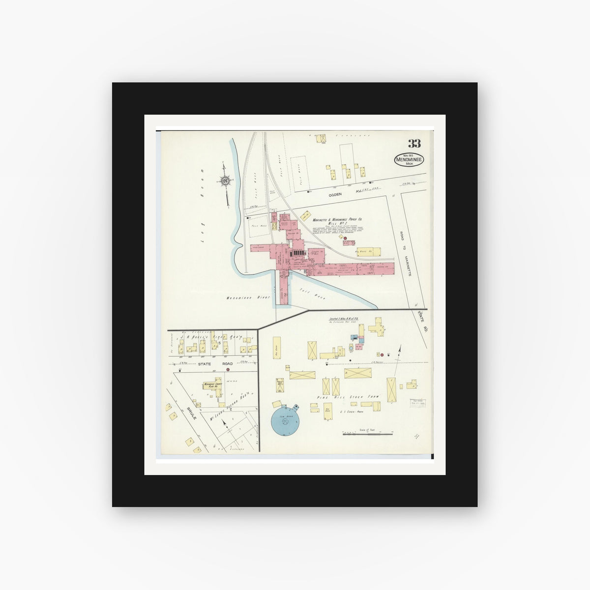 Old map wall art mockup — black gallery frame with white mat — Sanborn Fire Insurance Map from Menominee, Menominee County, Michigan (1913), Sheet #0033