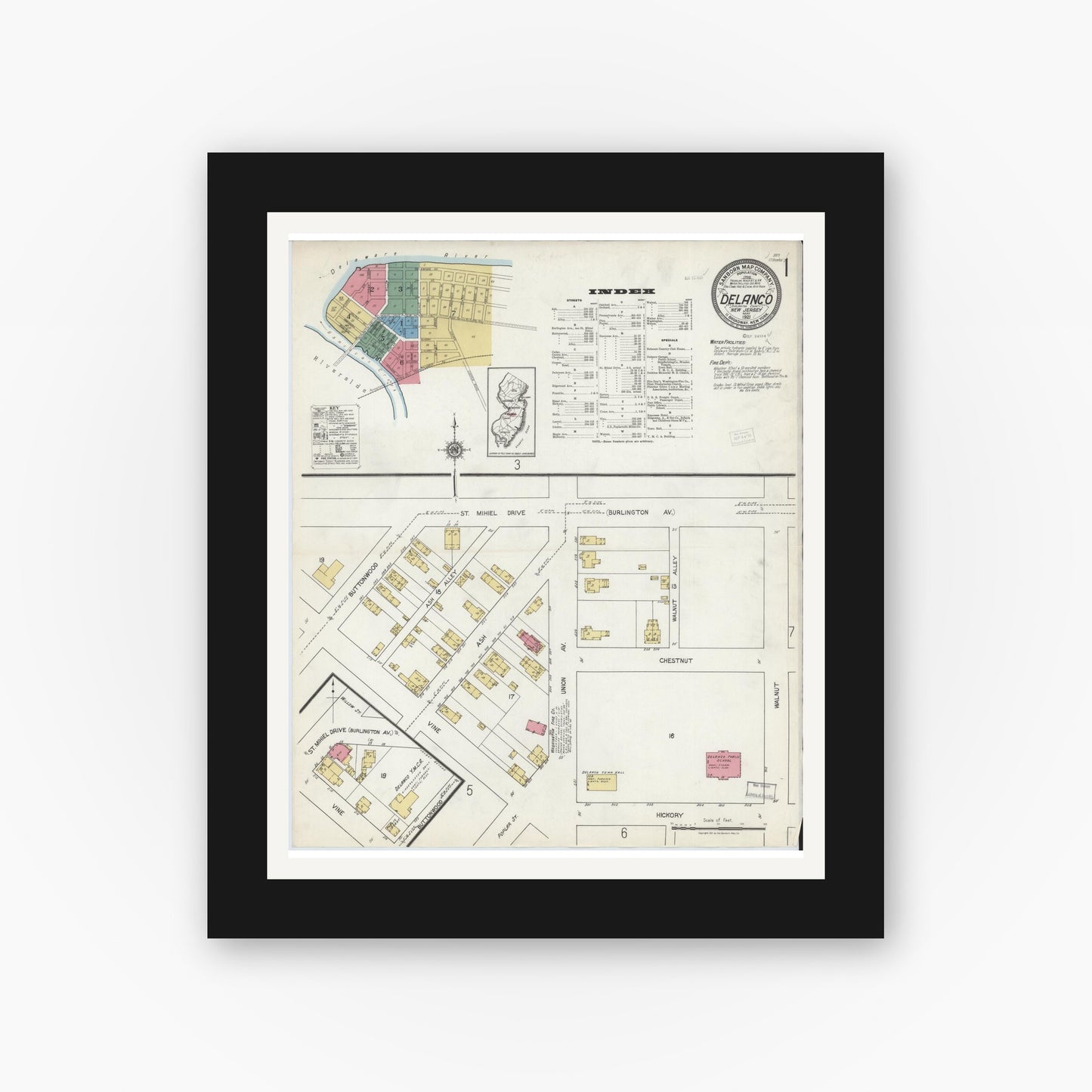 Old map wall art mockup — black gallery frame with white mat — Sanborn Fire Insurance Map from Delanco, Burlington County, New Jersey (1921), Sheet #0001