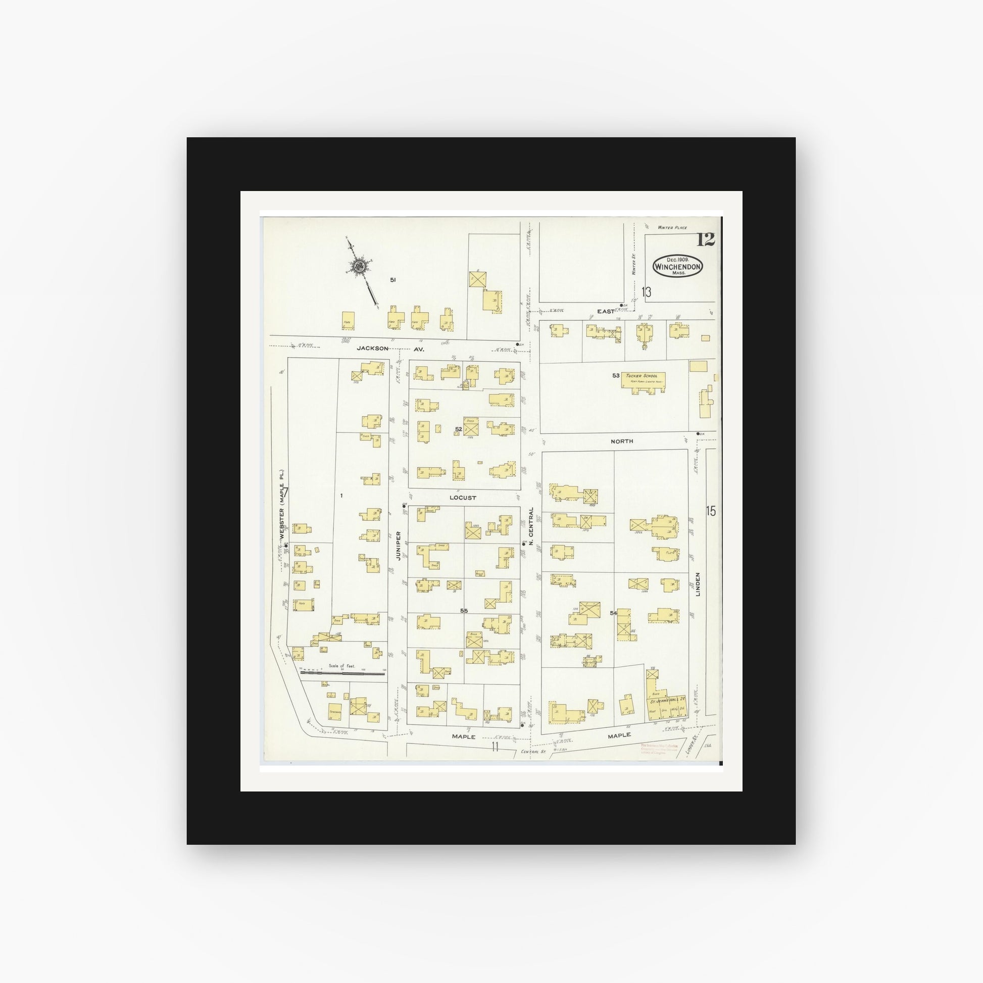 Old map wall art mockup — black gallery frame with white mat — Sanborn Fire Insurance Map from Winchendon, Worcester County, Massachusetts (1909), Sheet #0012