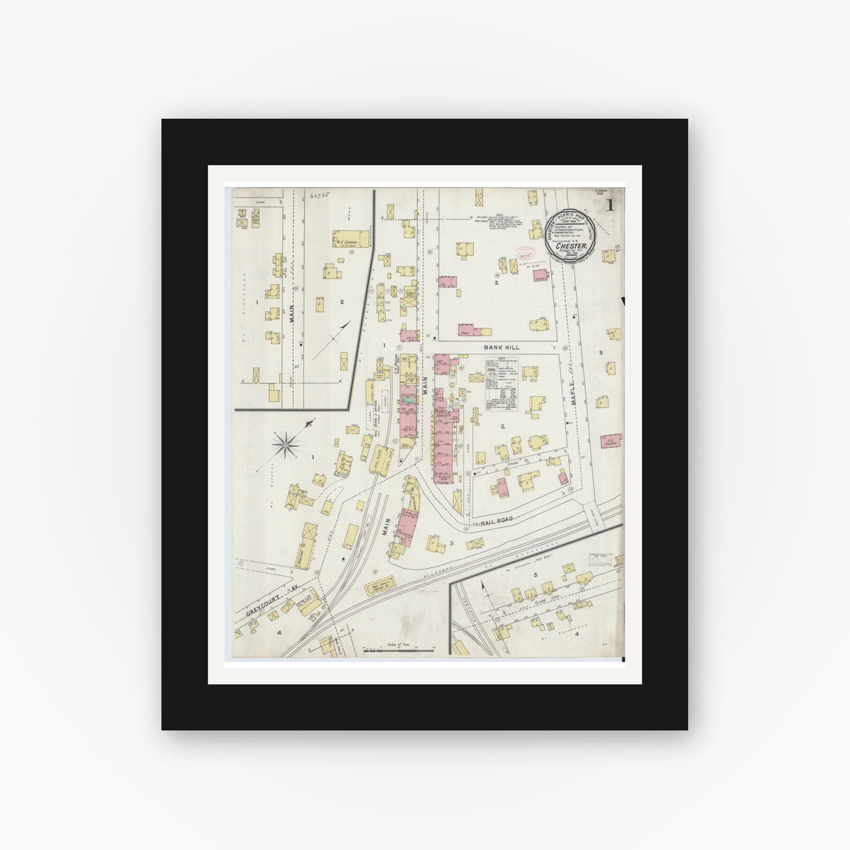 Old map wall art mockup — black gallery frame with white mat — Sanborn Fire Insurance Map from Chester, Orange County, New York (1894), Sheet #0001