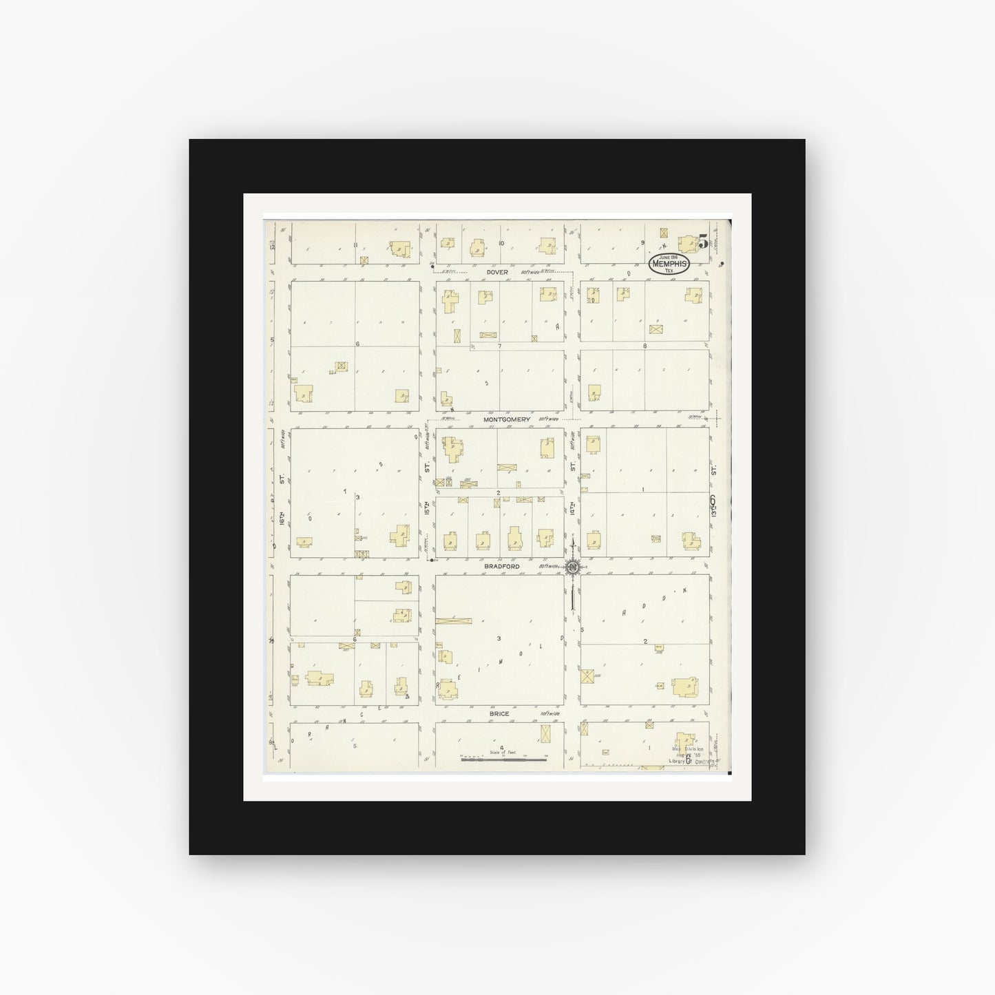 Old map wall art mockup — black gallery frame with white mat — Sanborn Fire Insurance Map from Memphis, Hall County, Texas (1914), Sheet #0005