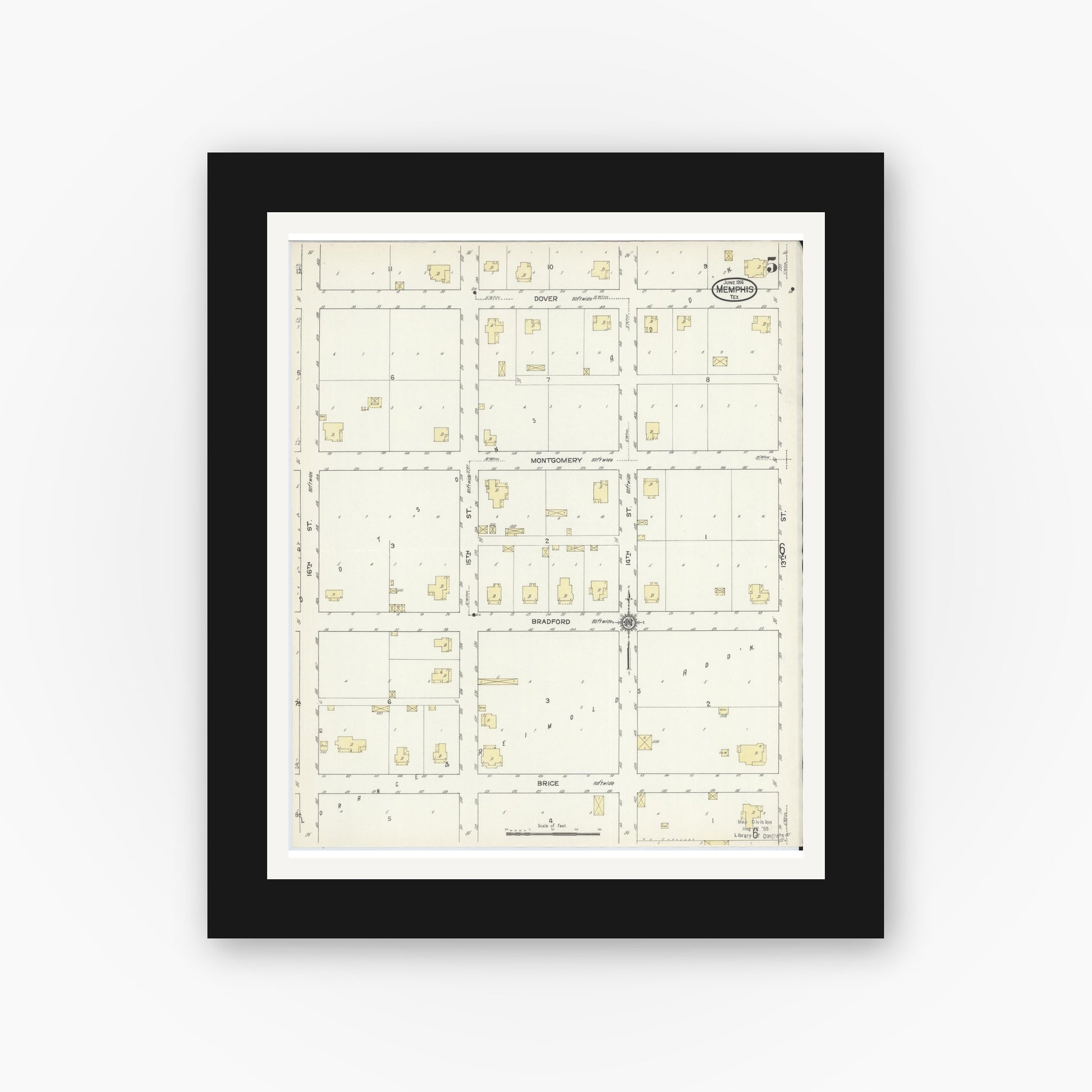 Old map wall art mockup — black gallery frame with white mat — Sanborn Fire Insurance Map from Memphis, Hall County, Texas (1914), Sheet #0005
