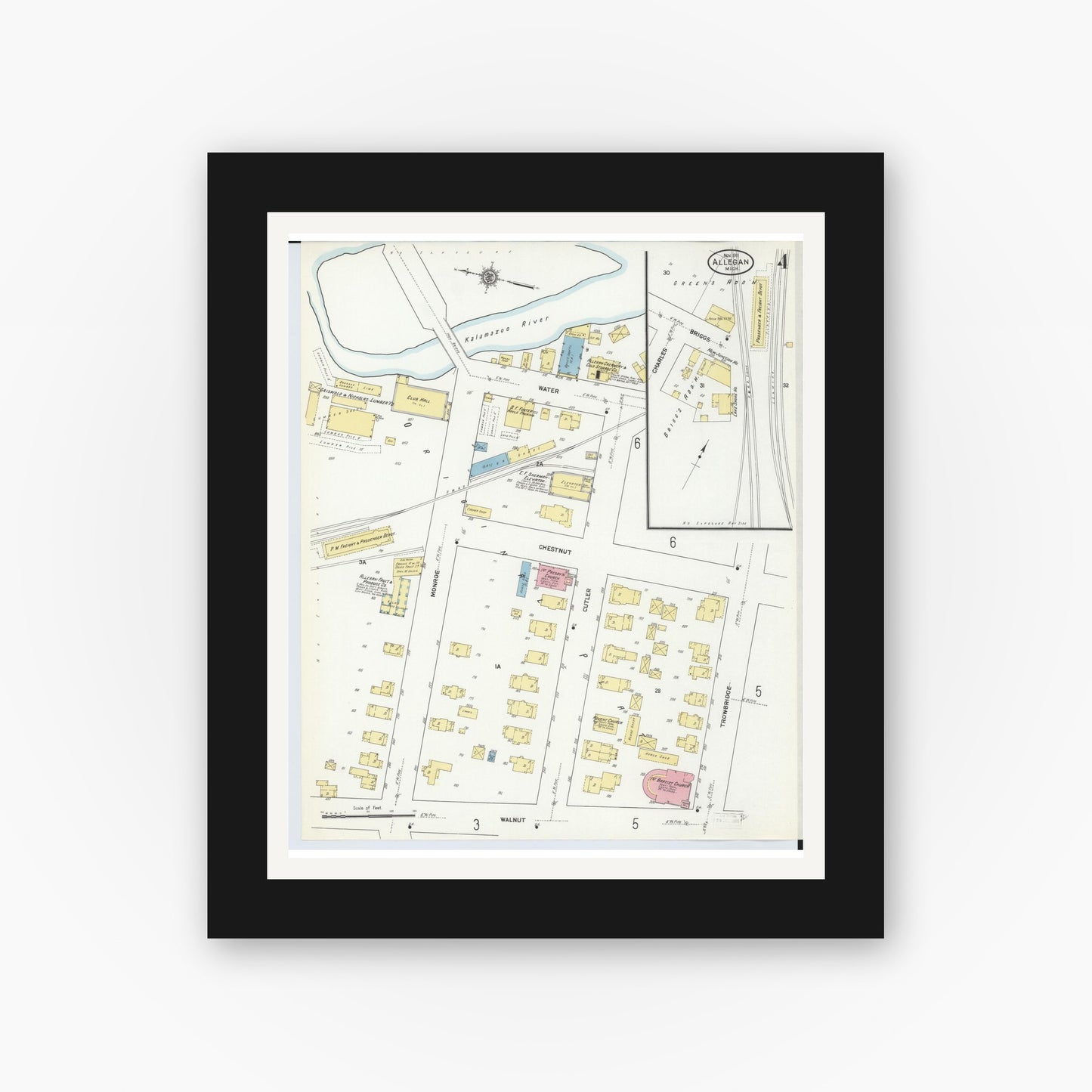 Old map wall art mockup — black gallery frame with white mat — Sanborn Fire Insurance Map from Allegan, Allegan County, Michigan (1911), Sheet #0004
