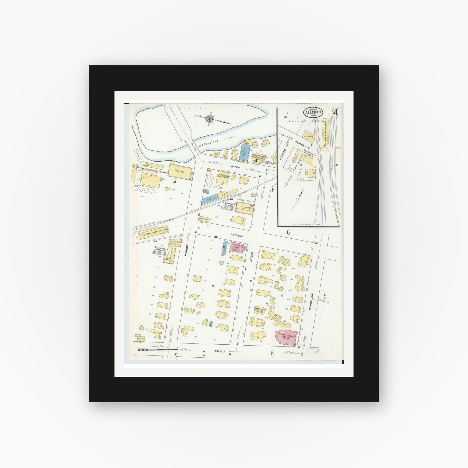 Old map wall art mockup — black gallery frame with white mat — Sanborn Fire Insurance Map from Allegan, Allegan County, Michigan (1911), Sheet #0004