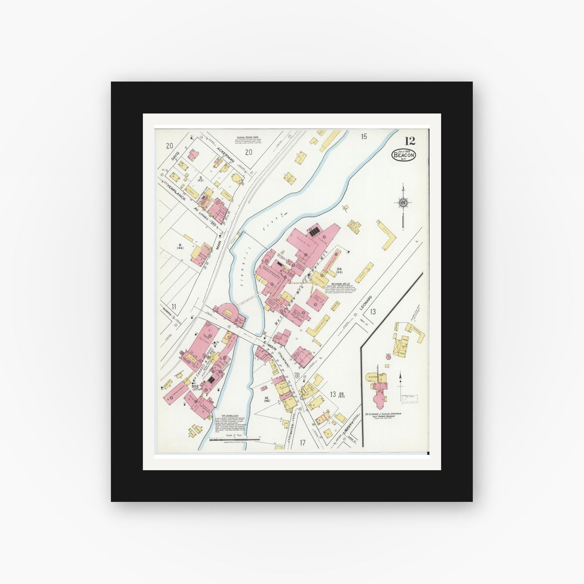Old map wall art mockup — black gallery frame with white mat — Sanborn Fire Insurance Map from Beacon, Dutchess County, New York (1919), Sheet #0012