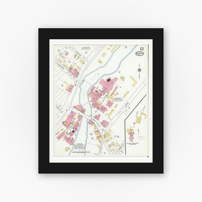 Old map wall art mockup — black gallery frame with white mat — Sanborn Fire Insurance Map from Beacon, Dutchess County, New York (1919), Sheet #0012