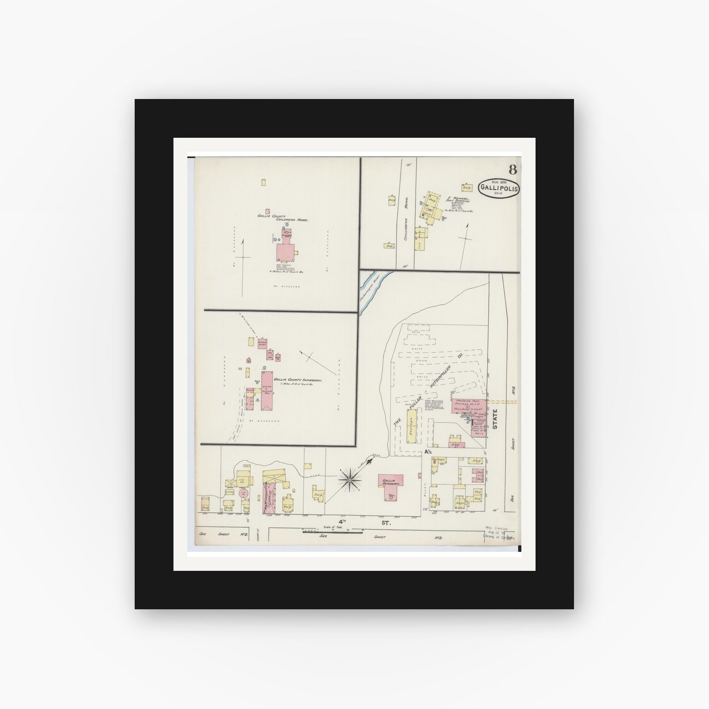 Old map wall art mockup — black gallery frame with white mat — Sanborn Fire Insurance Map from Gallipolis, Gallia County, Ohio (1890), Sheet #0008