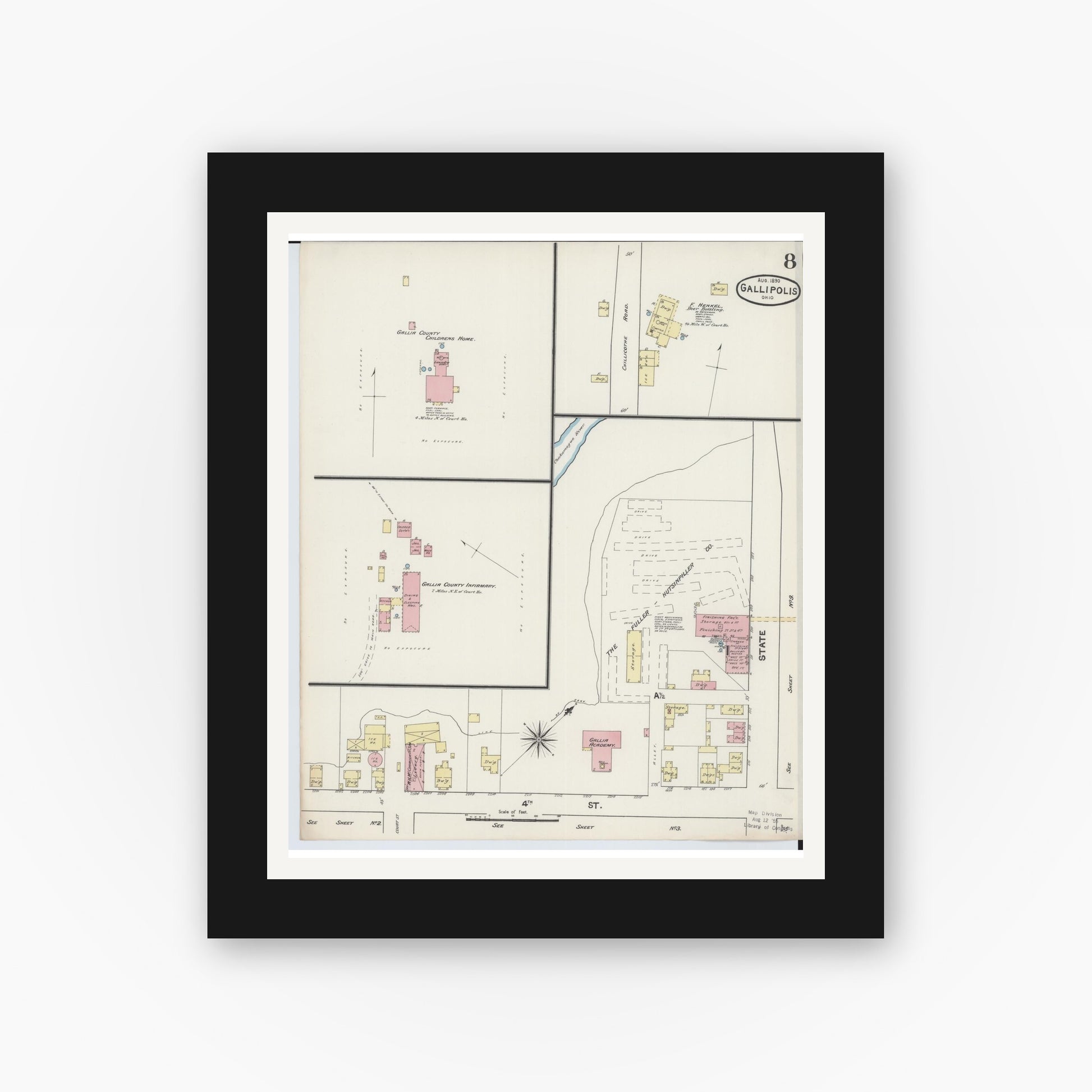 Old map wall art mockup — black gallery frame with white mat — Sanborn Fire Insurance Map from Gallipolis, Gallia County, Ohio (1890), Sheet #0008